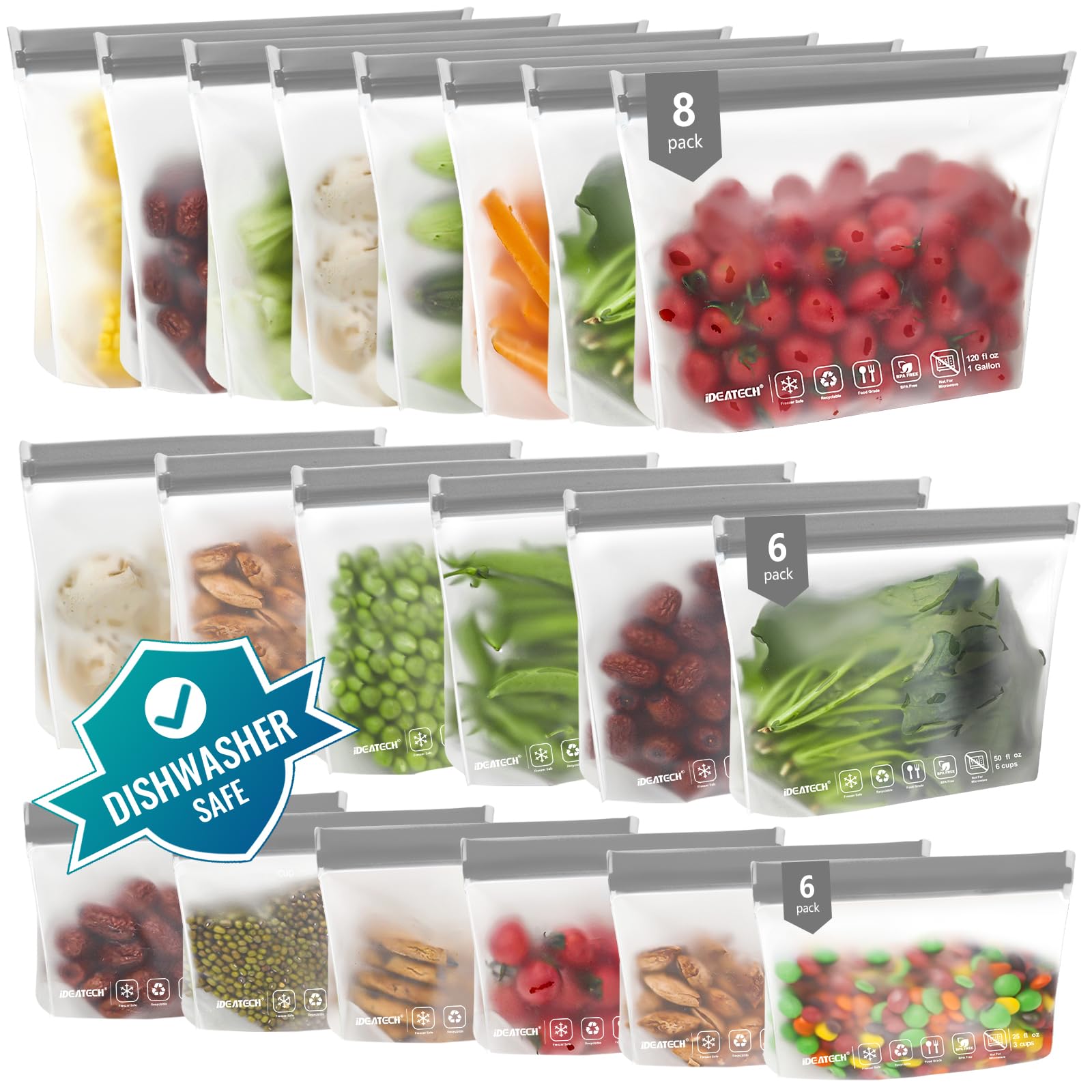 IDEATECH 20Pack Reusable Bags Dishwasher Safe, Leakproof Reusable Freezer Bags, BPA Free Healthy Food Storage Contaizers Sandwich Snack Baggies for Lunch Travel(8 Gallon 6 Quart 6 Snack,Colored)