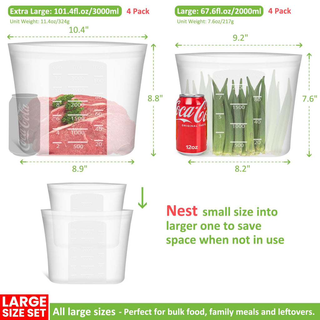 Reusable Food Bags, 12 Pack 100% Silicone Food Storage Bags Stand Up Zip Lock Container, Freezer Microwave Oven Dishwasher Safe, 4 Medium 4 Small 4 Extra Small, Aqua