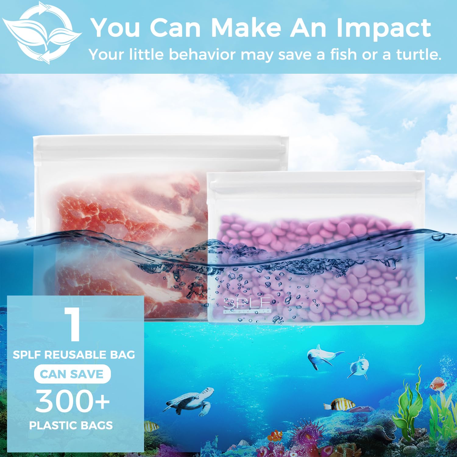 SPLF 4 Pack Dishwasher Safe Reusable Storage Bags, Reusable Gallon Freezer Bags, BPA FREE Stand Up Extra Thick Leakproof Silicone and Plastic Free Zipper Sandwich Snack Lunch Food Bags