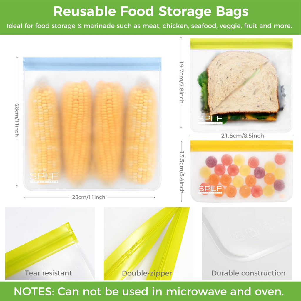 SPLF 6 Pack Reusable Gallon Freezer Bags Dishwasher Safe, BPA FREE Reusable Food Storage Bags, Extra Thick Leakproof Silicone Free 1 Gallon Bags for Marinate Meat, Cereal, Sandwich, Snack, Travel Item