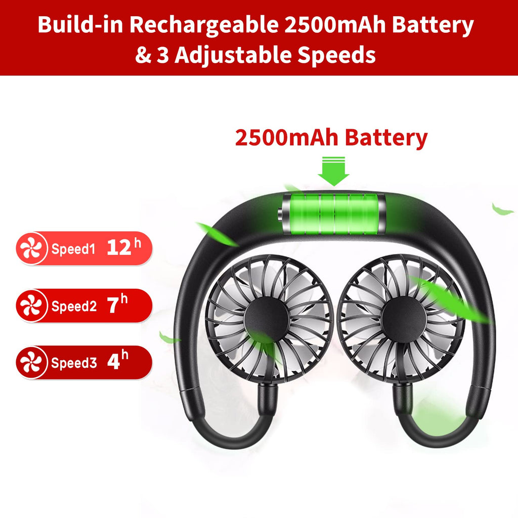 JUANANIUG Portable Neck Fan Rechargeable Personal HandFree Fan Mini USB Wearable Neckband Sport Fan 3 Speed Adjustable 360 Degrees Rotation Perfect for Working Traveling Office Reading (Red Black)