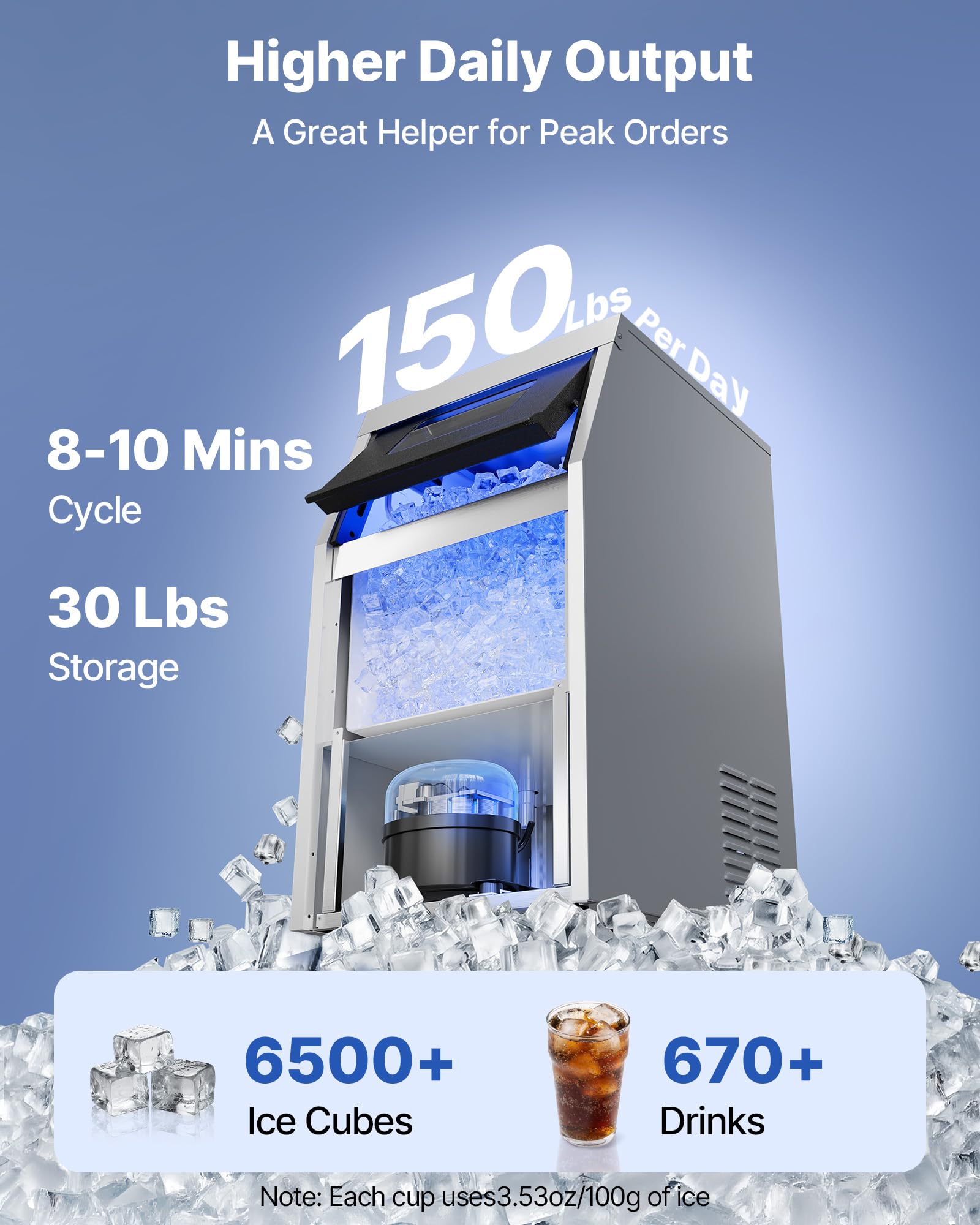 VEVOR Commercial Ice Maker Machine, 80 lbs/24h with 13 lbs Storage Capacity, Countertop/Freestanding/Under Counter, Stainless Steel Ice Maker with LED Display & Self-Cleaning, for Home Bar Restaurant