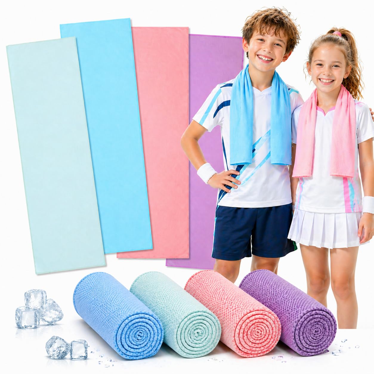 BobbleT 4 Pack Kids Cooling Towels, 30" x 9", Mini Cooling Towels for Neck and Face, Soft Breathable Cooling Neck Wraps for Girls, Ideal for Sports, School, Summer Camp & Outdoor Use