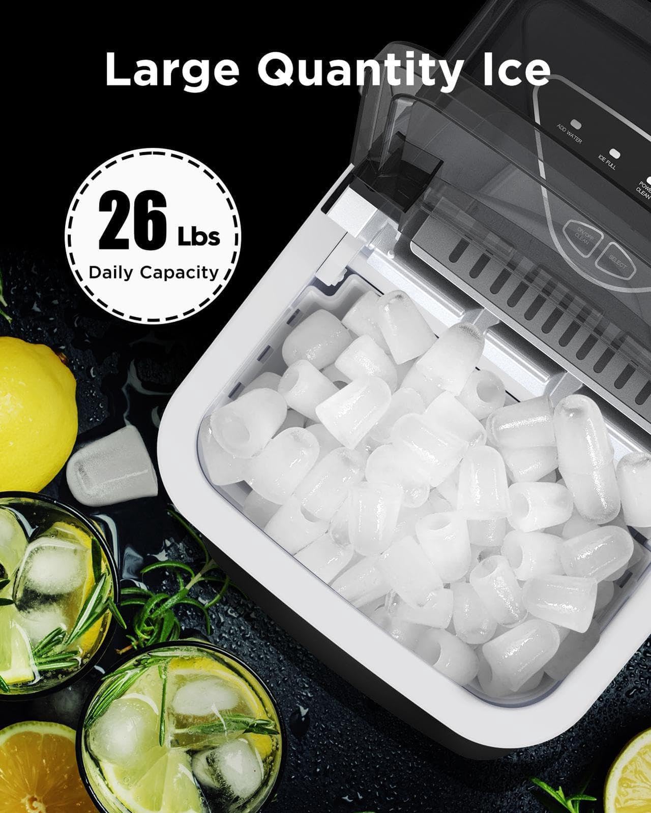 Ice Maker Countertop, Portable Ice Machine Ready in 6 Minutes with 9 Cubes 26LBS in 24H, Self-Cleaning with Ice Scoop and Basket, Two Sizes of Bullet Ice for Home Kitchen Office, Bar and Parties