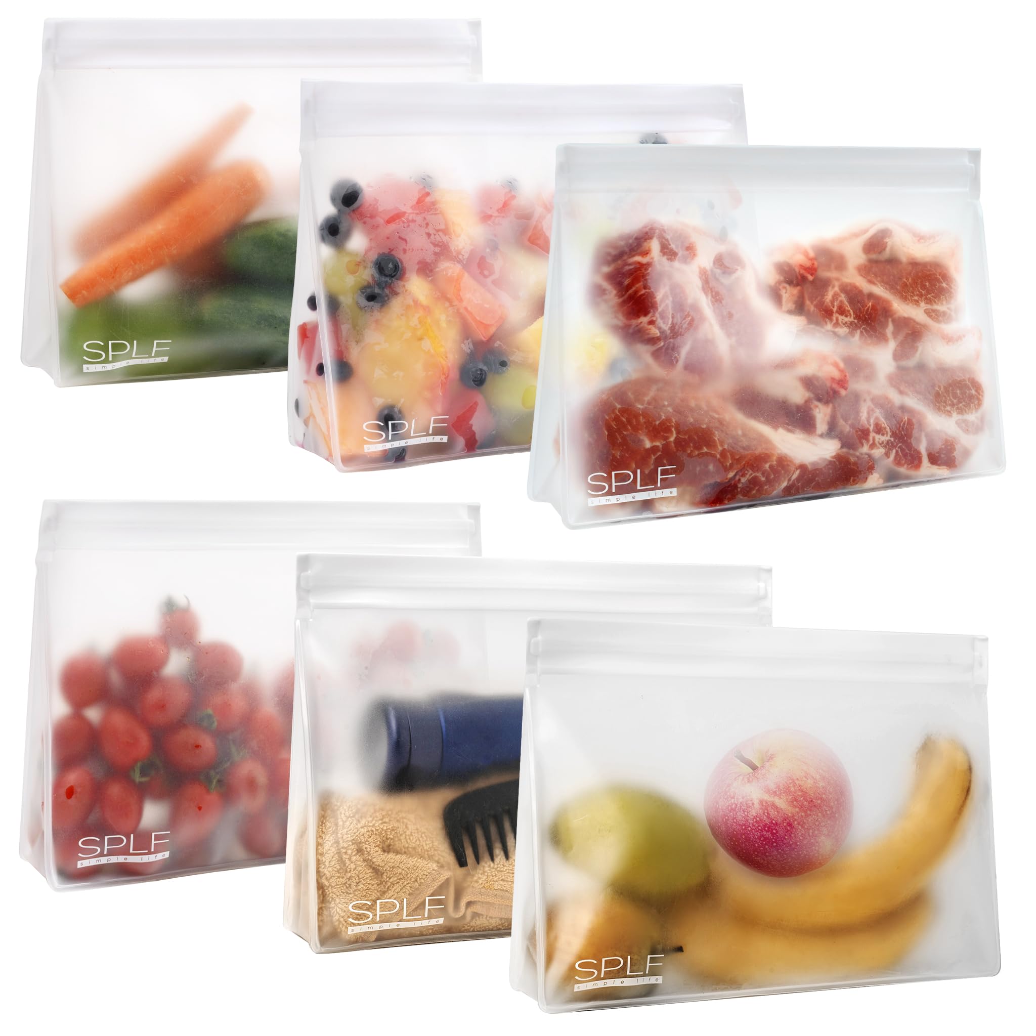 SPLF 4 Pack Dishwasher Safe Reusable Storage Bags, Reusable Gallon Freezer Bags, BPA FREE Stand Up Extra Thick Leakproof Silicone and Plastic Free Zipper Sandwich Snack Lunch Food Bags