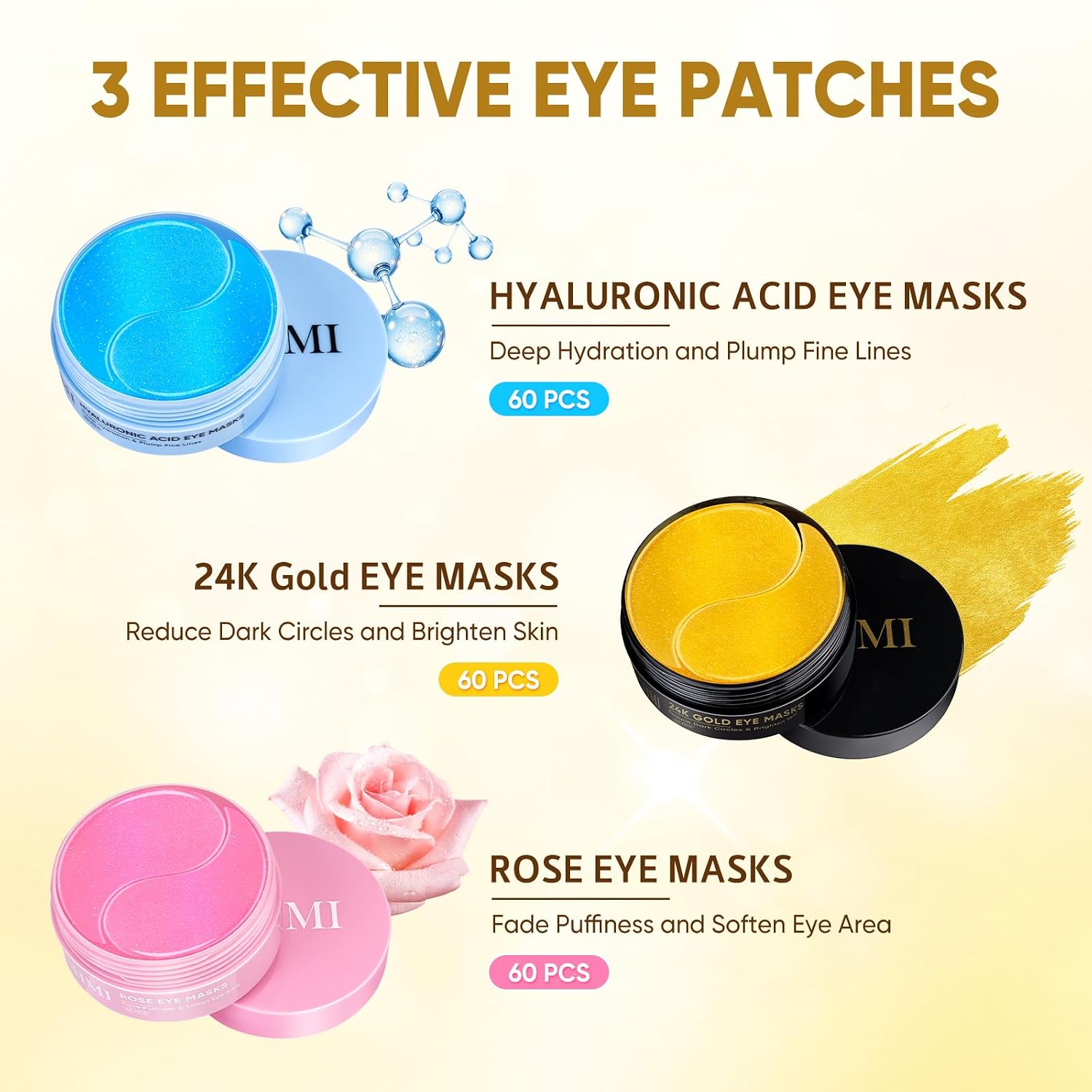 CHMI 180 Pcs (90 Pairs) Under Eye Patches, 3-Pack Eye Mask Set (24K Gold, Hyaluronic Acid, Rose) for Dark Circles and Puffy Eyes, Hydrating Gel Pads for Undereye Bags, Skin Care.