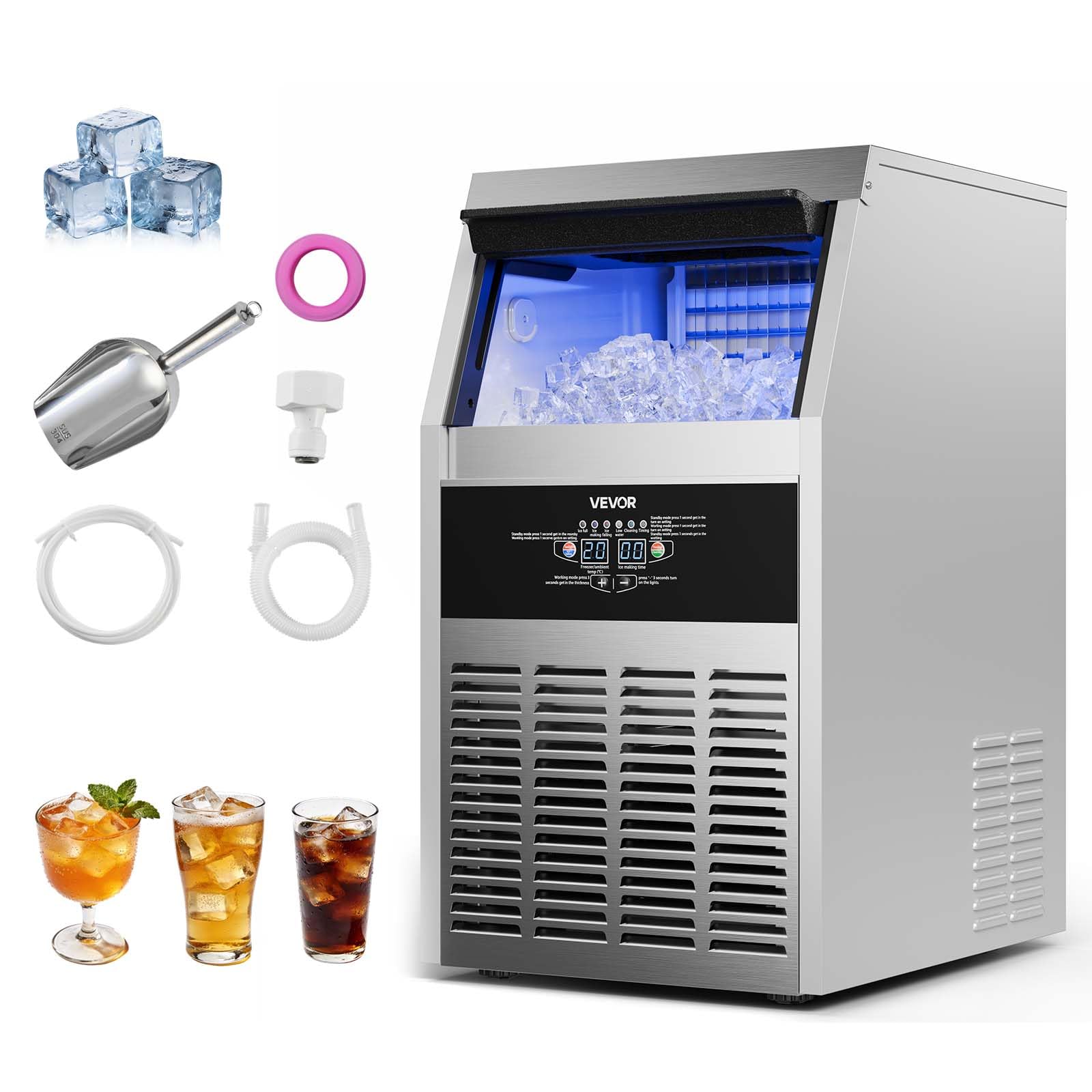 VEVOR Commercial Ice Maker Machine, 80 lbs/24h with 13 lbs Storage Capacity, Countertop/Freestanding/Under Counter, Stainless Steel Ice Maker with LED Display & Self-Cleaning, for Home Bar Restaurant