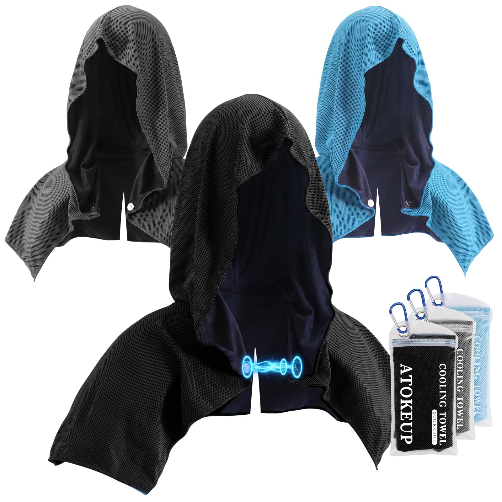 3 Pack Cooling Hoodie Towels for Neck and Face, Ice Towels for Hot Weather | UPF 50 Sun Protection & Instant Cooling, Soft Breathable Towel for Sport, Work Out, Gym, Camping & More Activities