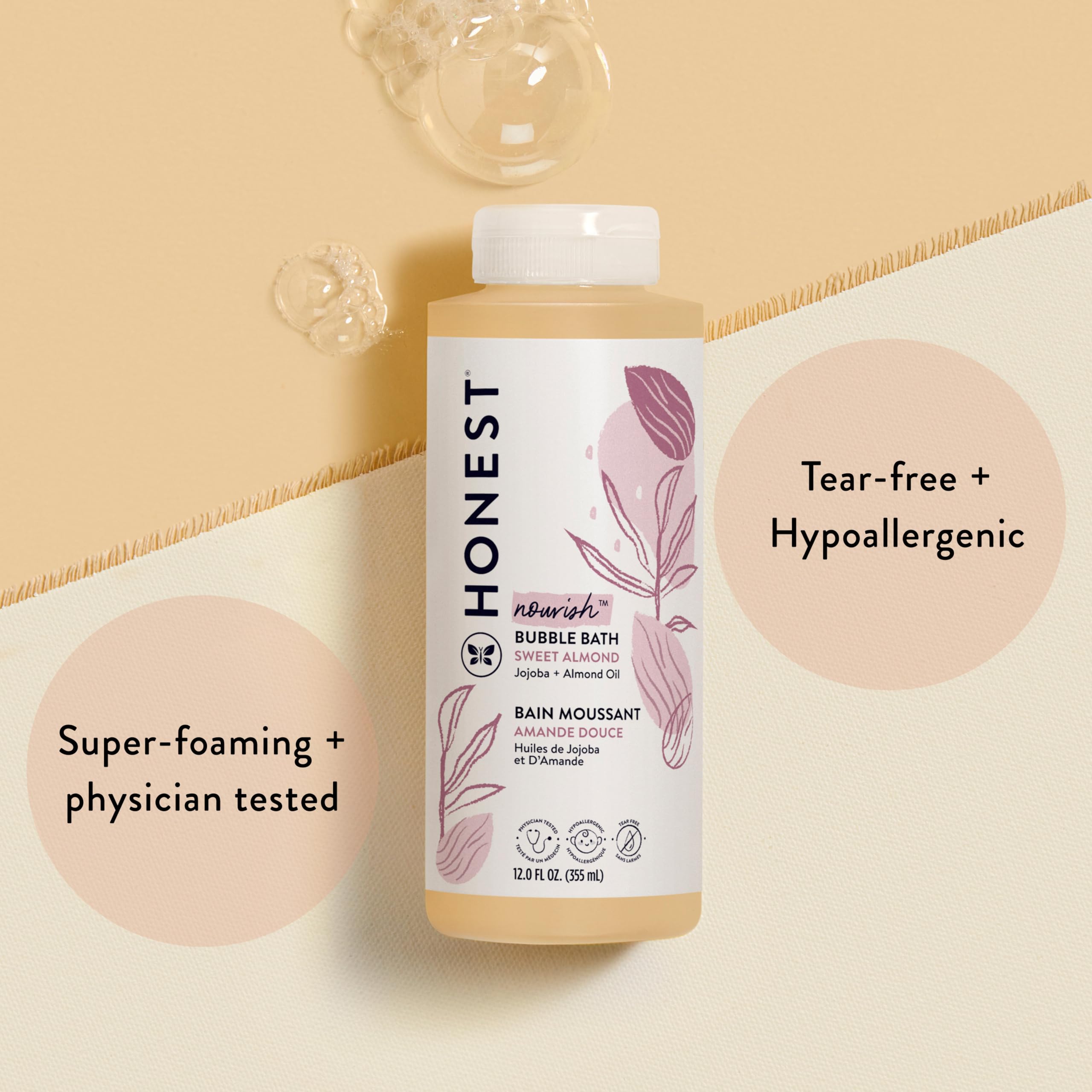 The Honest Company Foaming Bubble Bath & Baby Wash, Tear-Free, Hypoallergenic, Natural Formula, Lavender Calm Scent, 12 fl oz