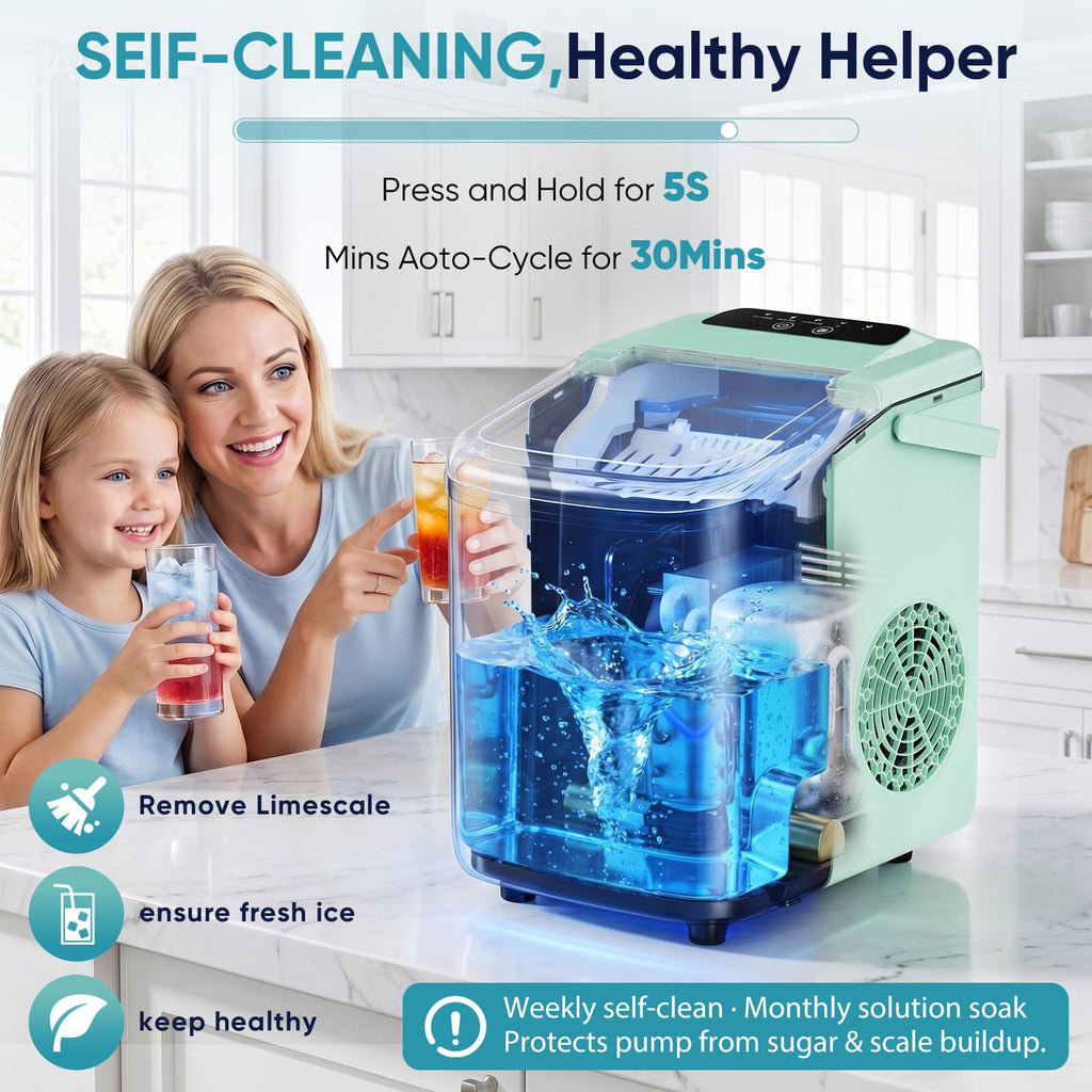DUMOS Ice Maker Countertop, Ice Machine with Portable Handle, Basket and Scoop, 26lbs Daily, 9 Bullet Cubes in 6-8 Mins, Auto-Cleaning for Home, Kitchen, Office, Outdoors, RV Camping