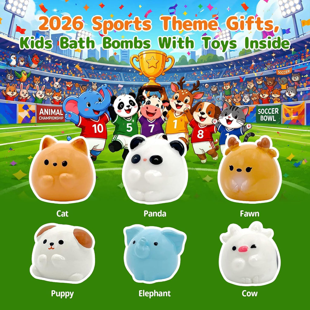 Soccer Kids Bath Bombs with Surprise Toys Inside, 6 Pack Gentle Bubble Bath Fizzies, Football Shape Spa Gifts for 3-12 Year Old Boys Teen Sports Theme Girls Party Favor Birthday Christmas