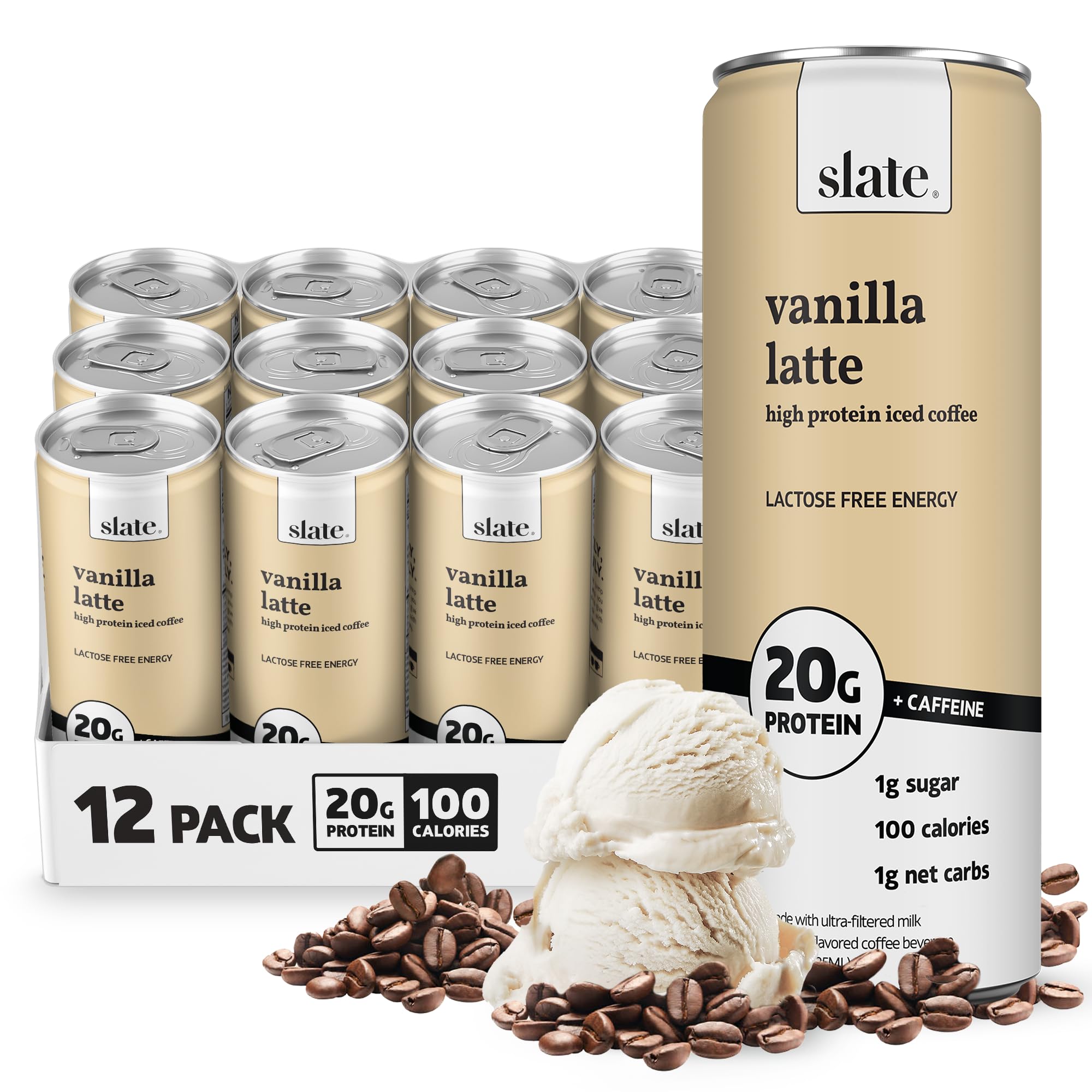 Slate Milk High Protein Milk Shake (Classic Chocolate) 12 Cans, 11 fl oz | Lactose Free - 20g Protein - 1g Sugar - 100 Calories - 2g Net Carbs - No Added Sugar - Natural, Breakfast Boost, Post Workout