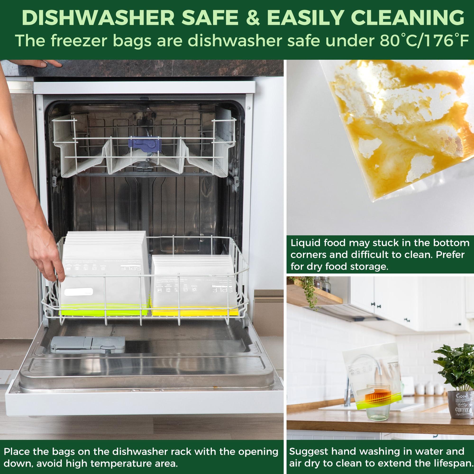 SPLF 24 Pack Reusable Food Storage Bags Dishwasher Microwave Safe, BPA Free Reusable Freezer Bags, Silicone Free Containers for Meal Prep, Fridge Kitchen Organization - 8 Gallon 8 Sandwich 8 Snack