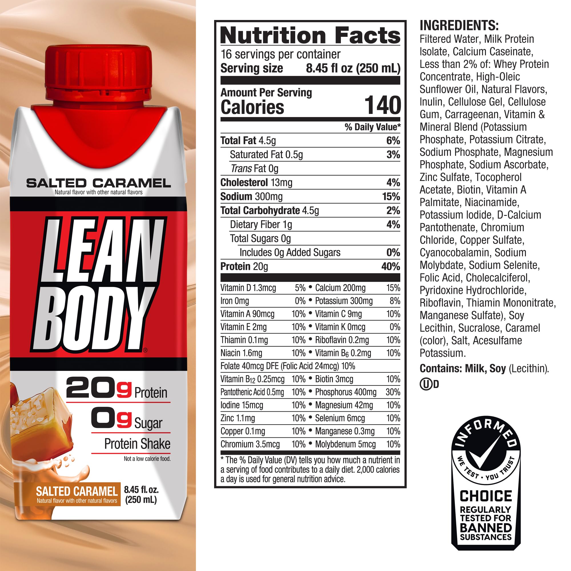 Labrada Lean Body Ready-to-Drink Chocolate Protein Shake, 40g Protein, Whey Blend, 0 Sugar, Gluten Free, 22 Vitamins & Minerals, LABRADA, 17 Fl Oz (Pack of 12)
