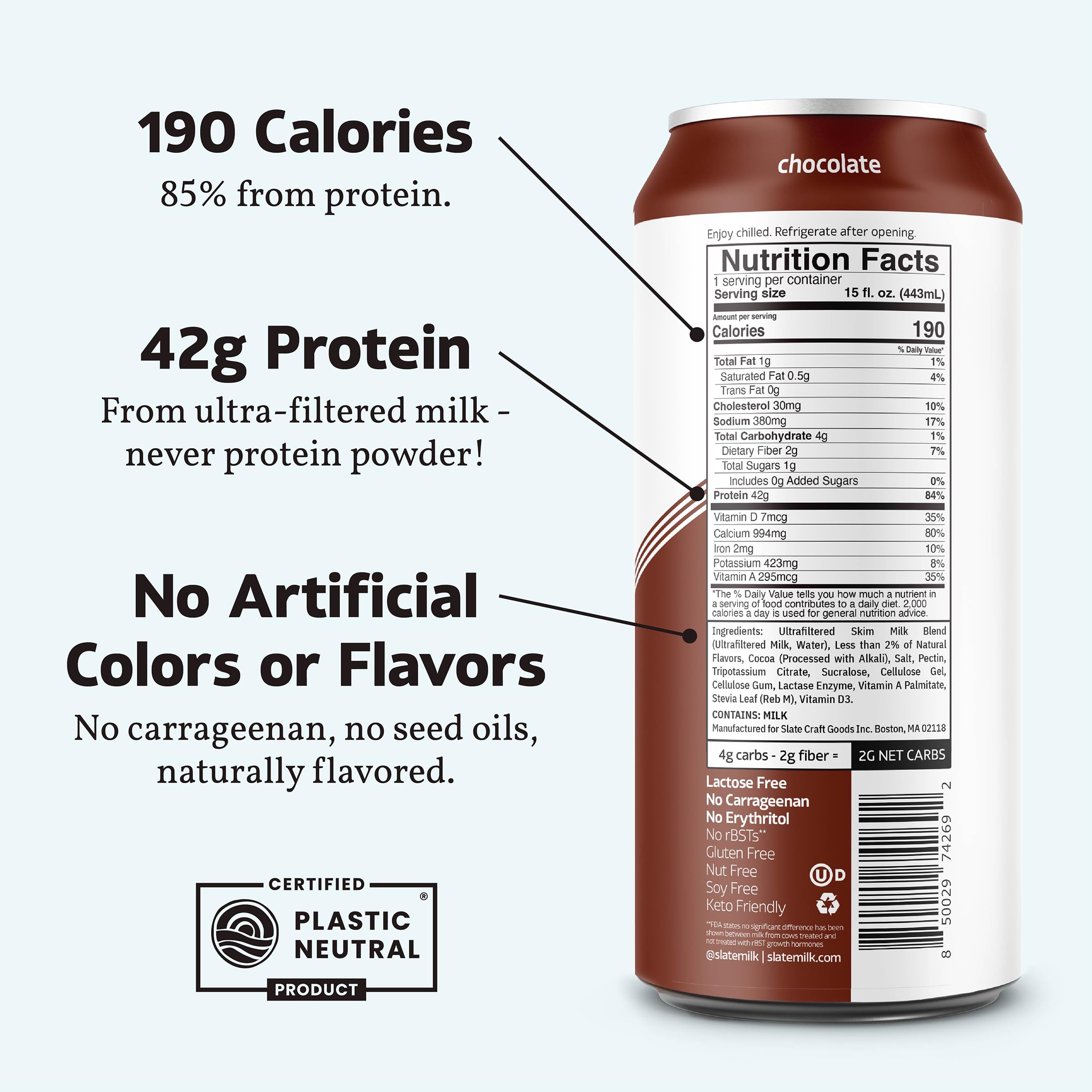 Slate Milk - Ultra Protein Shake - Vanilla - 42g Protein, 1g Sugar, 180 Calories, 1g Net Carbs - Lactose Free, No Added Sugar - Made with Ultra Filtered Milk - Breakfast Boost, Post Workout - 15 fl oz, 12 Cans