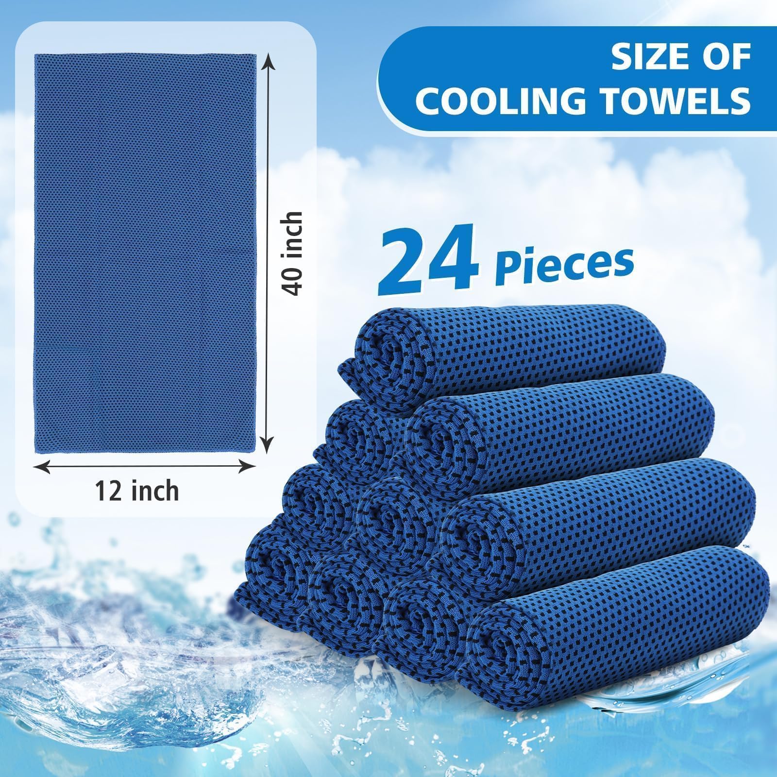 24 Pack Cooling Towels Bulk for Neck and Face 40"x12" Ice Cooling Sweat Rags Microfiber Soft Breathable Soft Chilly Towel for Yoga Golf Sport Running
