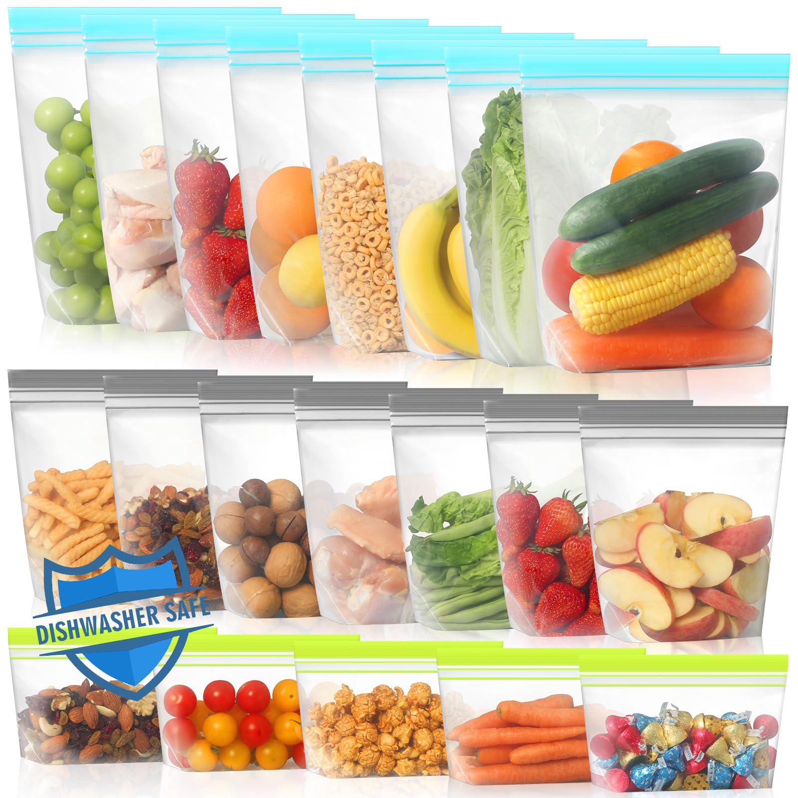 Lerine 12 Pack Reusable Gallon Freezer Bags Dishwasher Microwave Safe, Stand Up Reusable Freezer Bags 1 Gallon BPA Free, Leakproof Food Storage Bags for Kitchen Organization (Blue Gray, 12Gallon)