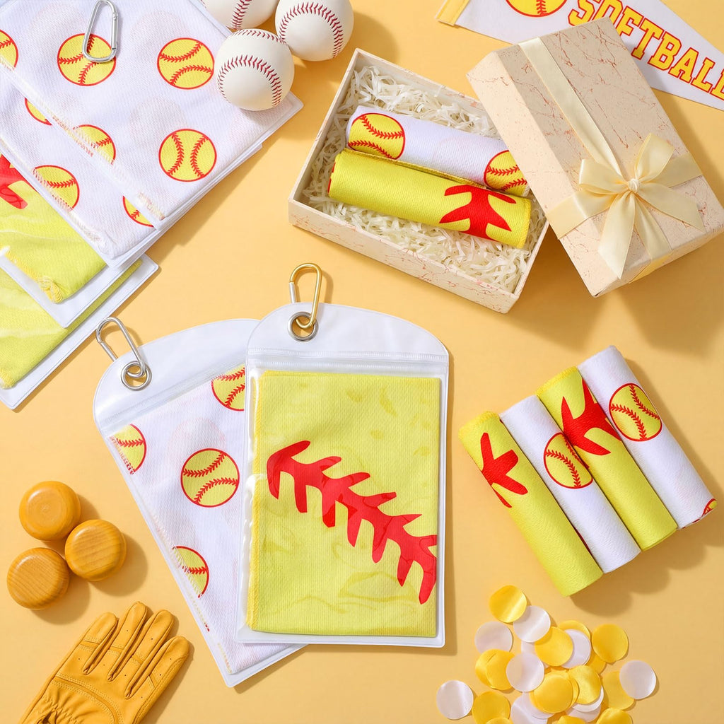 Mindsoft 12 Set Softball Cooling Towels for Sports Team Gifts with Carrying Pouch 30 x 9 Inch Softball Towels Bulk Microfiber Ice Cooling Rags for Birthday Party Favors Swag Bag Stuffers