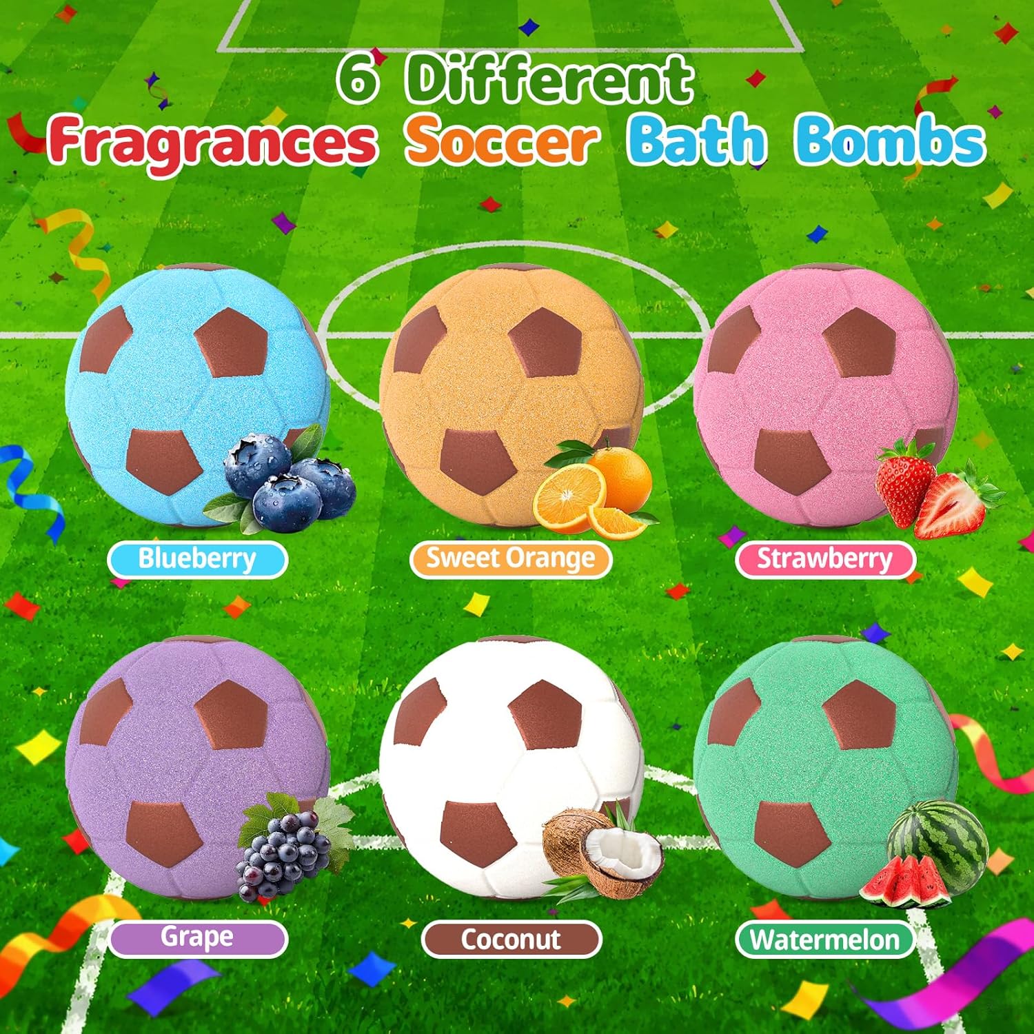 Soccer Kids Bath Bombs with Surprise Toys Inside, 6 Pack Gentle Bubble Bath Fizzies, Football Shape Spa Gifts for 3-12 Year Old Boys Teen Sports Theme Girls Party Favor Birthday Christmas