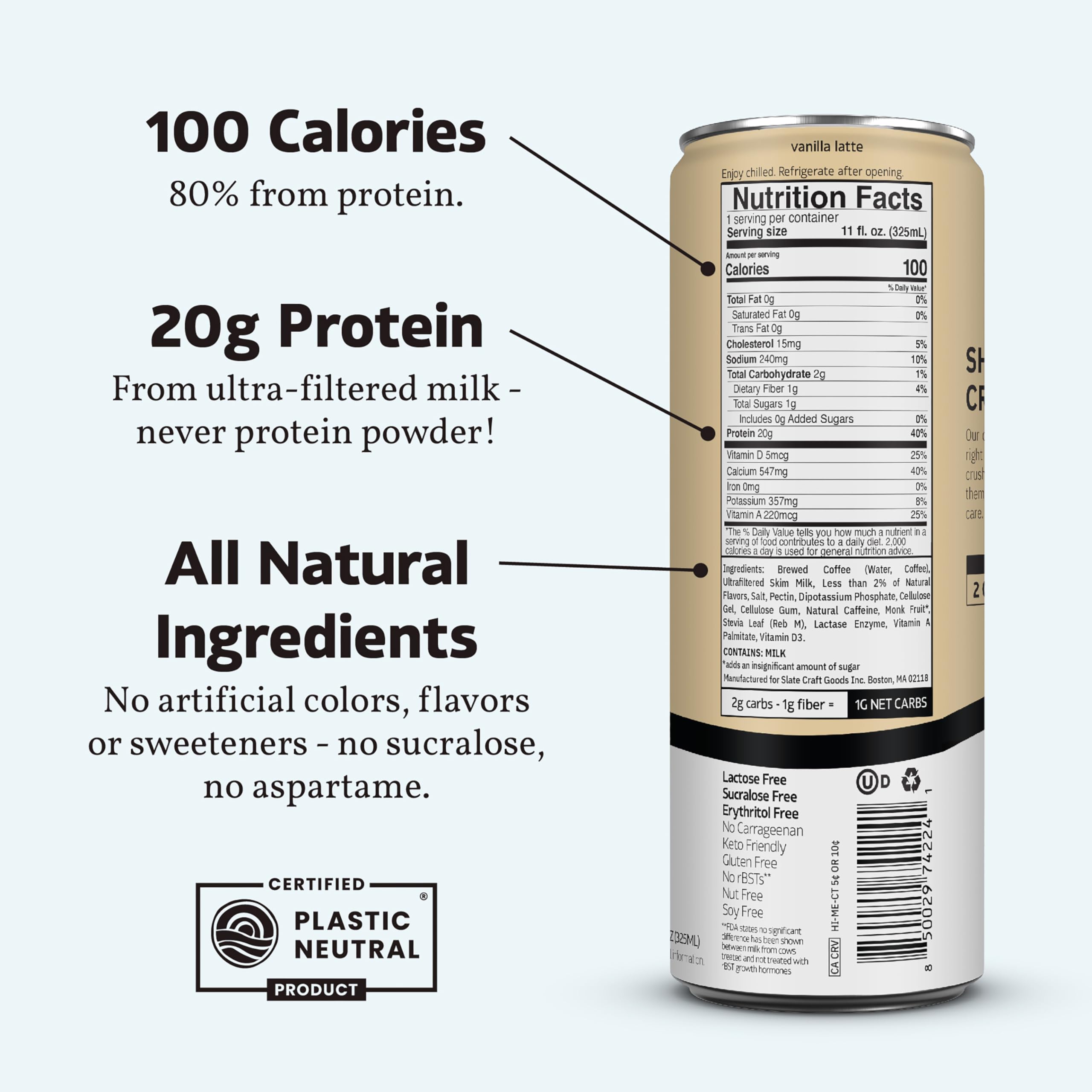 Slate Milk High Protein Milk Shake (Classic Chocolate) 12 Cans, 11 fl oz | Lactose Free - 20g Protein - 1g Sugar - 100 Calories - 2g Net Carbs - No Added Sugar - Natural, Breakfast Boost, Post Workout