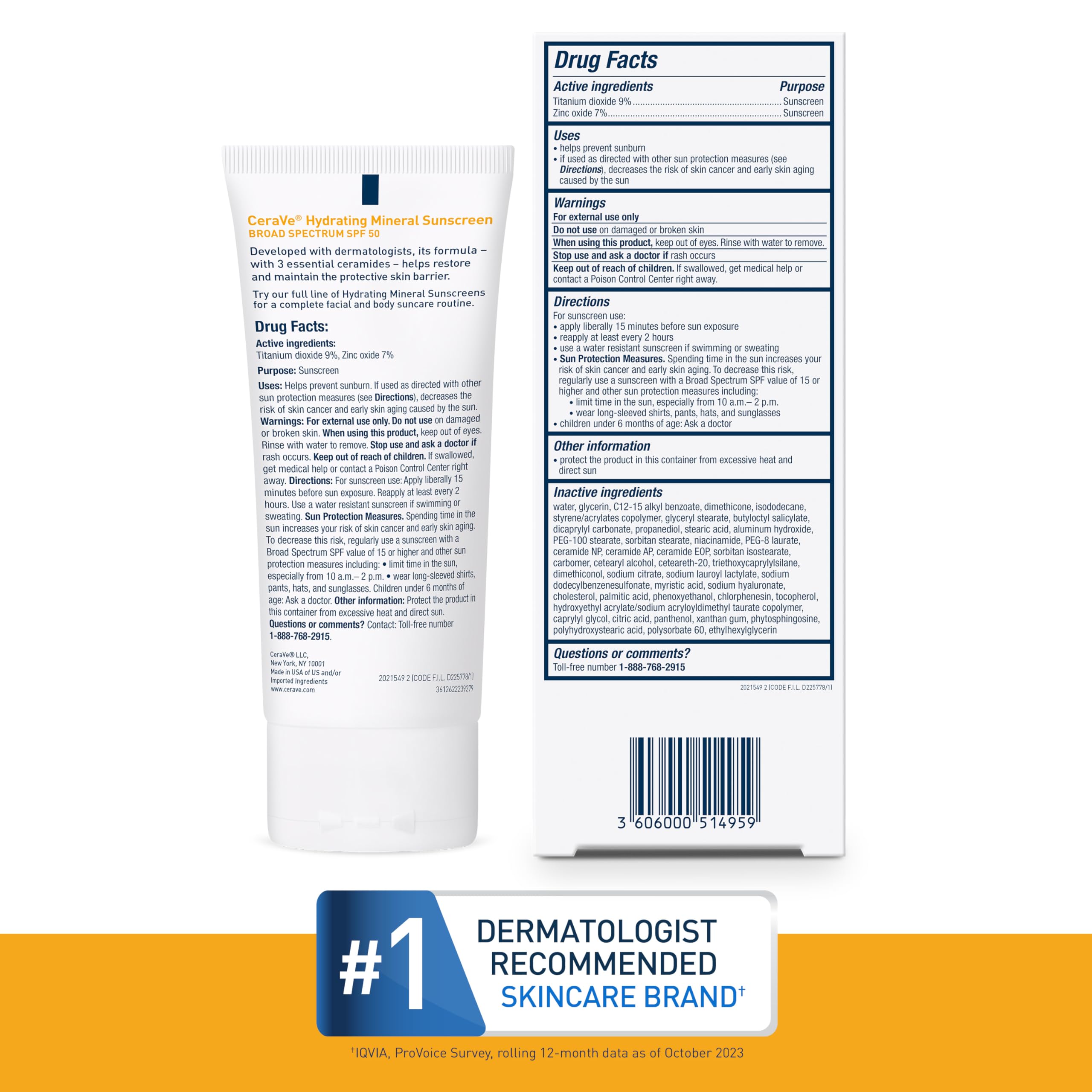 CeraVe 100% Mineral Sunscreen SPF 50 with Zinc Oxide & Titanium Dioxide, Hyaluronic Acid & Ceramides, Oil Free & Non-Greasy, Hydrating Mineral Sunscreen For Body, 5 oz