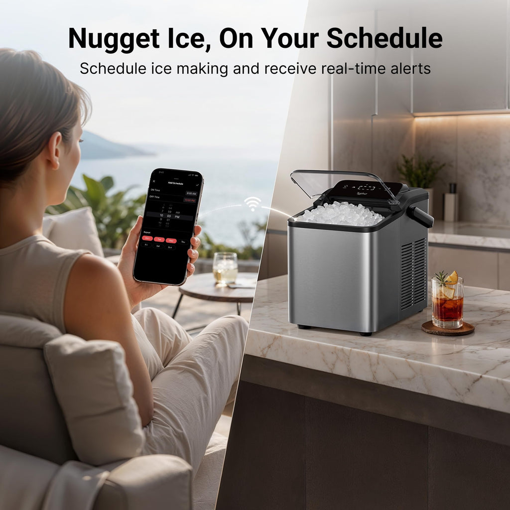 Typhur Smart Nugget Ice Maker Countertop with App Control, Pebble Ice Machine, Portable Pellet Ice Maker with Handle, Self-Cleaning Pump, 8 Cleaners, 35lbs/24H for Home, Kitchen, Office, RV, Silver