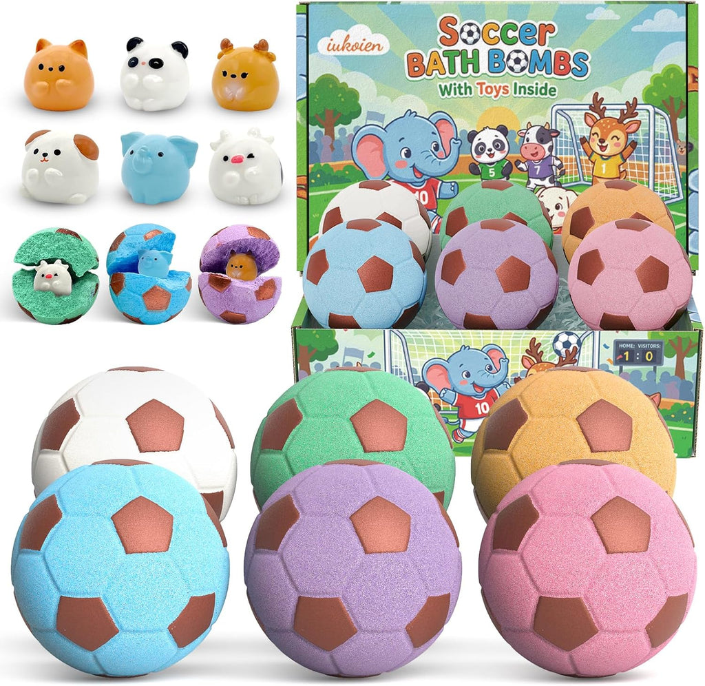 Soccer Kids Bath Bombs with Surprise Toys Inside, 6 Pack Gentle Bubble Bath Fizzies, Football Shape Spa Gifts for 3-12 Year Old Boys Teen Sports Theme Girls Party Favor Birthday Christmas