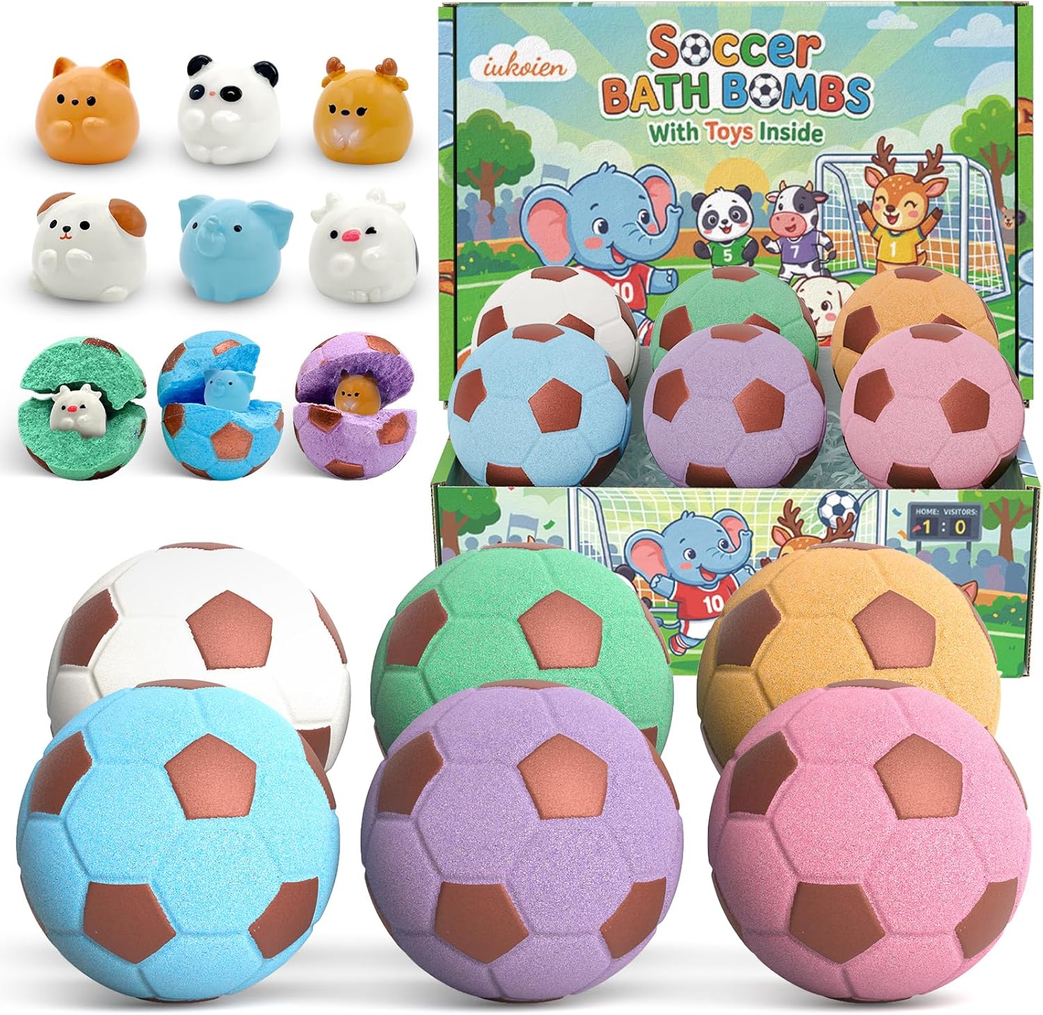 Soccer Kids Bath Bombs with Surprise Toys Inside, 6 Pack Gentle Bubble Bath Fizzies, Football Shape Spa Gifts for 3-12 Year Old Boys Teen Sports Theme Girls Party Favor Birthday Christmas