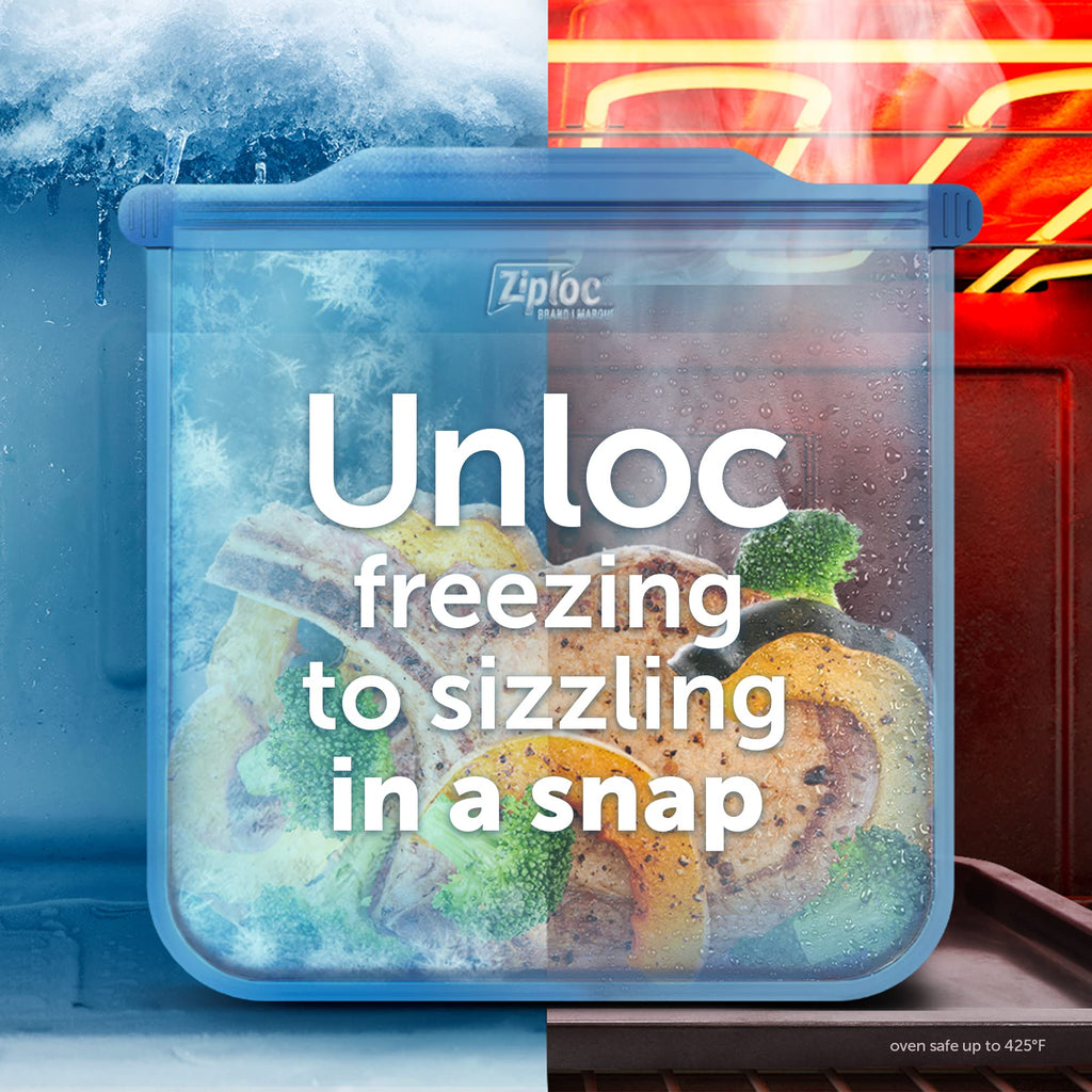 Ziploc Endurables Medium Pouch, 2 Cups, Reusable Silicone Bags and Food Storage Meal Prep Containers for Freezer, Oven, and Microwave, Dishwasher Safe, 2 Pack