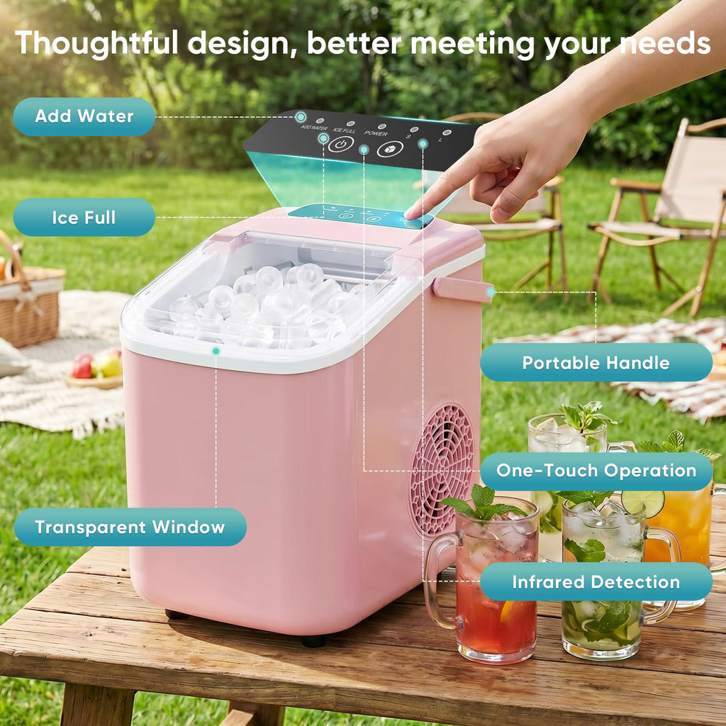 DUMOS Ice Maker Countertop, Ice Machine with Portable Handle, Basket and Scoop, 26lbs Daily, 9 Bullet Cubes in 6-8 Mins, Auto-Cleaning for Home, Kitchen, Office, Outdoors, RV Camping