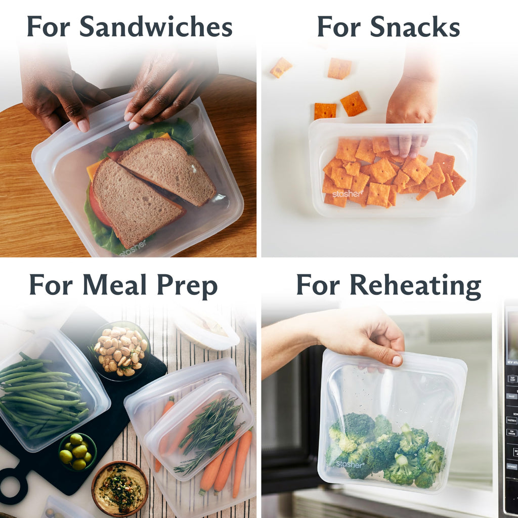Stasher Silicone Reusable Food Storage Bags, 4-Pack, Reusable Freezer Bags, Microwave, Dishwasher, Oven Safe, Sous Vide, Premium Lunch Containers, Eco Friendly, Snack Bags, Food-safe Silicone, Clear | Reusable Food Bags