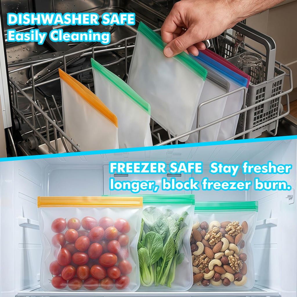 10 Pack Reusable Freezer Bags, Leakproof Reusable Silicone Food Storage Bags BPA Free Contaizers, Snack Sandwich Gallon Bags for Meal Prep, Marinate Meat, Salad Fruit, Veggies, Lunch, Travel, Kitchen