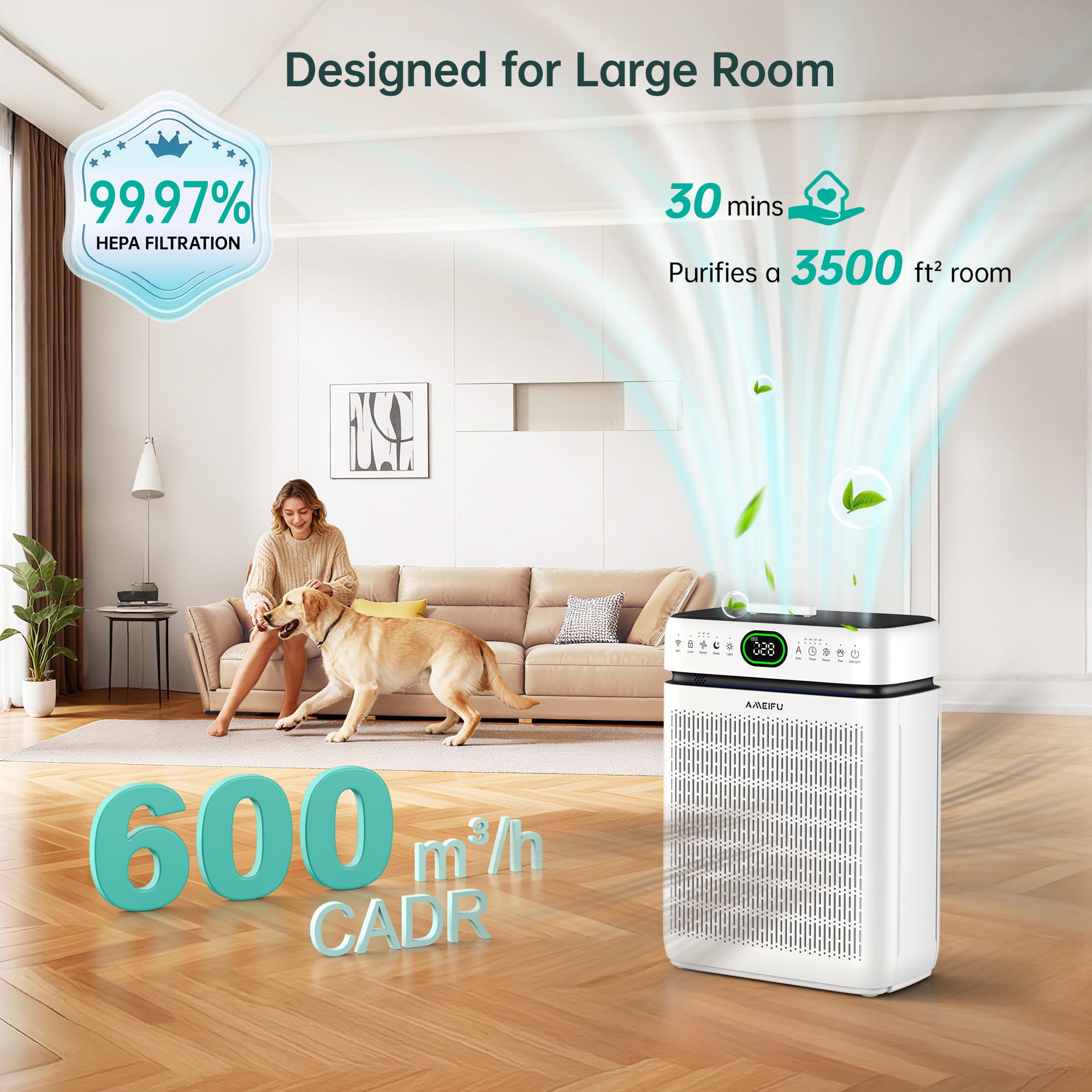 Air Purifiers for Home Large Room Up to 3500 Sq Ft with Washable Filters,Double-Sided HEPA with PM 2.5 Display Air Quality Sensor,Smart WiFi APP,Air Cleaner for Pets,Hair,Dust,Smoke,Dorm room,Office