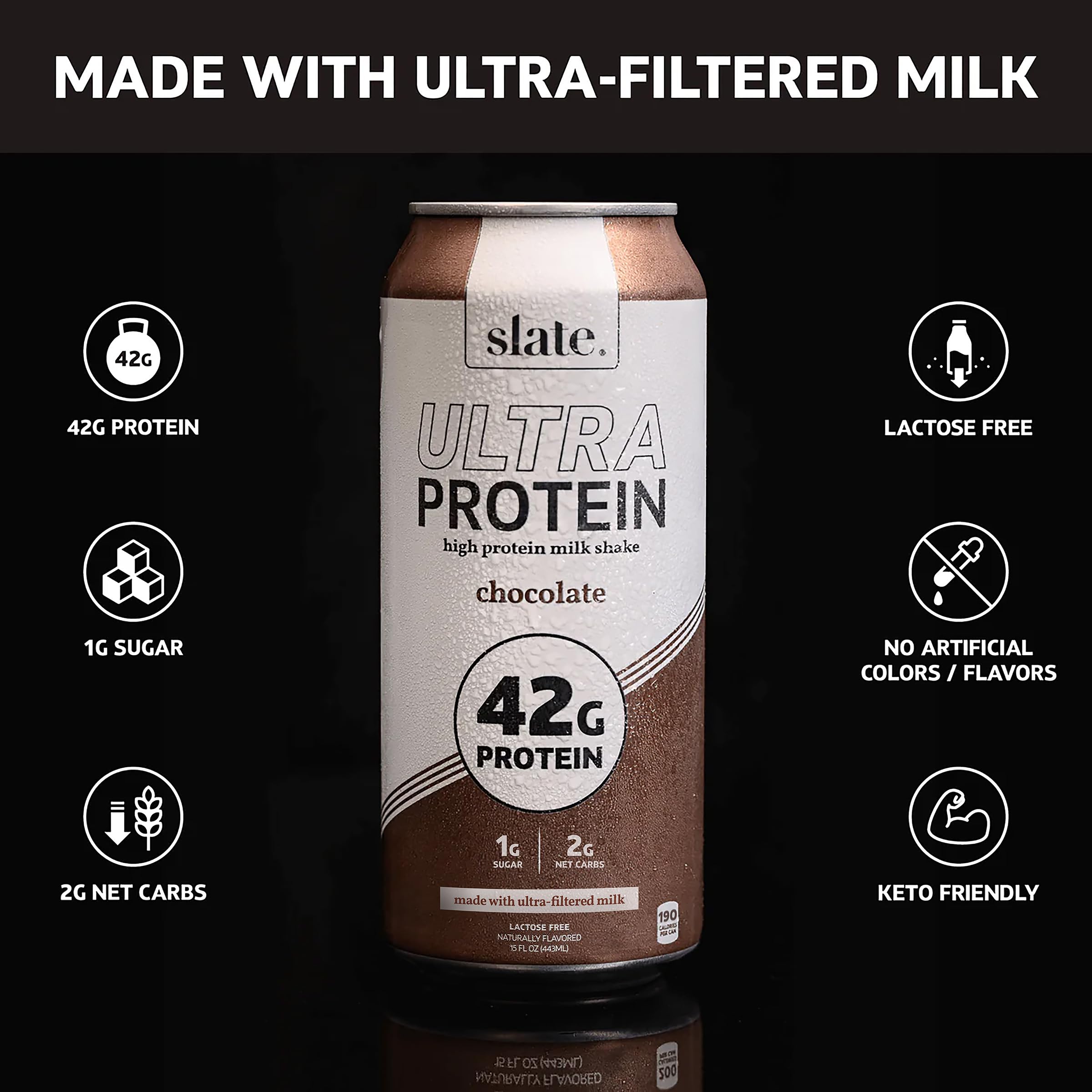 Slate Milk - Ultra Protein Shake - Vanilla - 42g Protein, 1g Sugar, 180 Calories, 1g Net Carbs - Lactose Free, No Added Sugar - Made with Ultra Filtered Milk - Breakfast Boost, Post Workout - 15 fl oz, 12 Cans