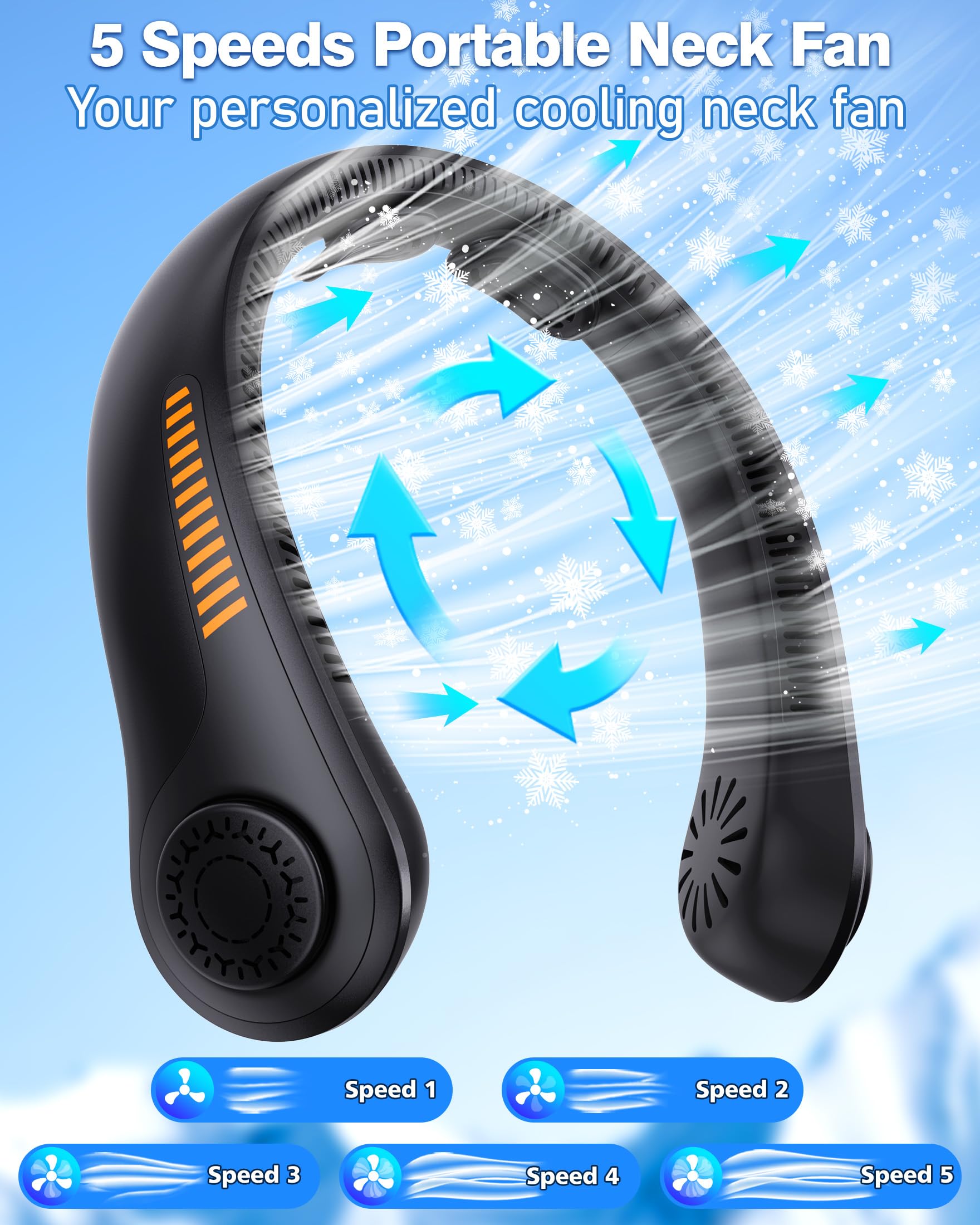 Portable Neck Fan - Rechargeable Personal Fan with Neck Support, 5000mAh, 5-Speed Quiet, Lightweight Long Lasting Bladeless Fan, Wearable Cooling Fan for Hot Flashes, Travel, Gifts for Men Women