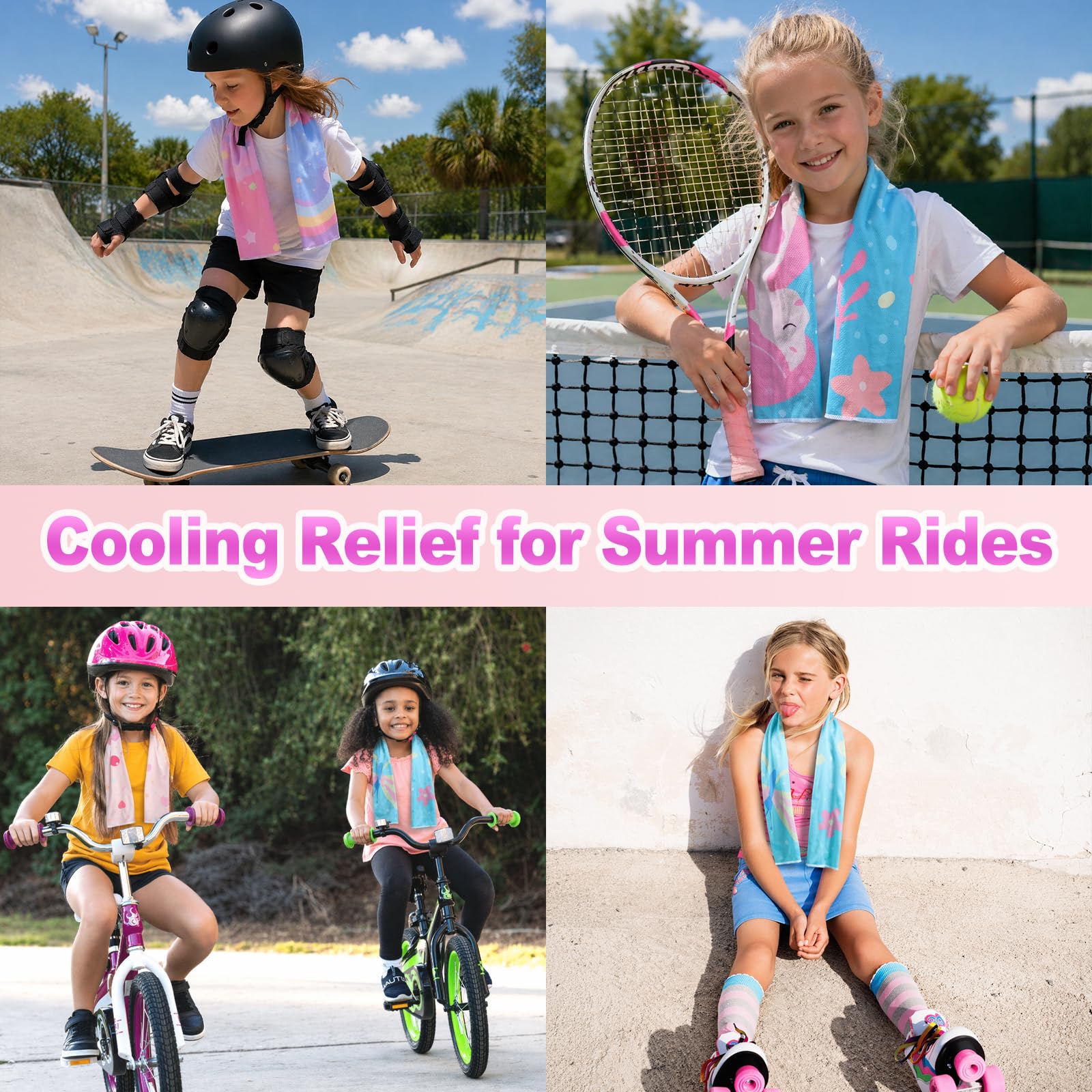 BobbleT 4 Pack Kids Cooling Towels, 30" x 9", Mini Cooling Towels for Neck and Face, Soft Breathable Cooling Neck Wraps for Girls, Ideal for Sports, School, Summer Camp & Outdoor Use