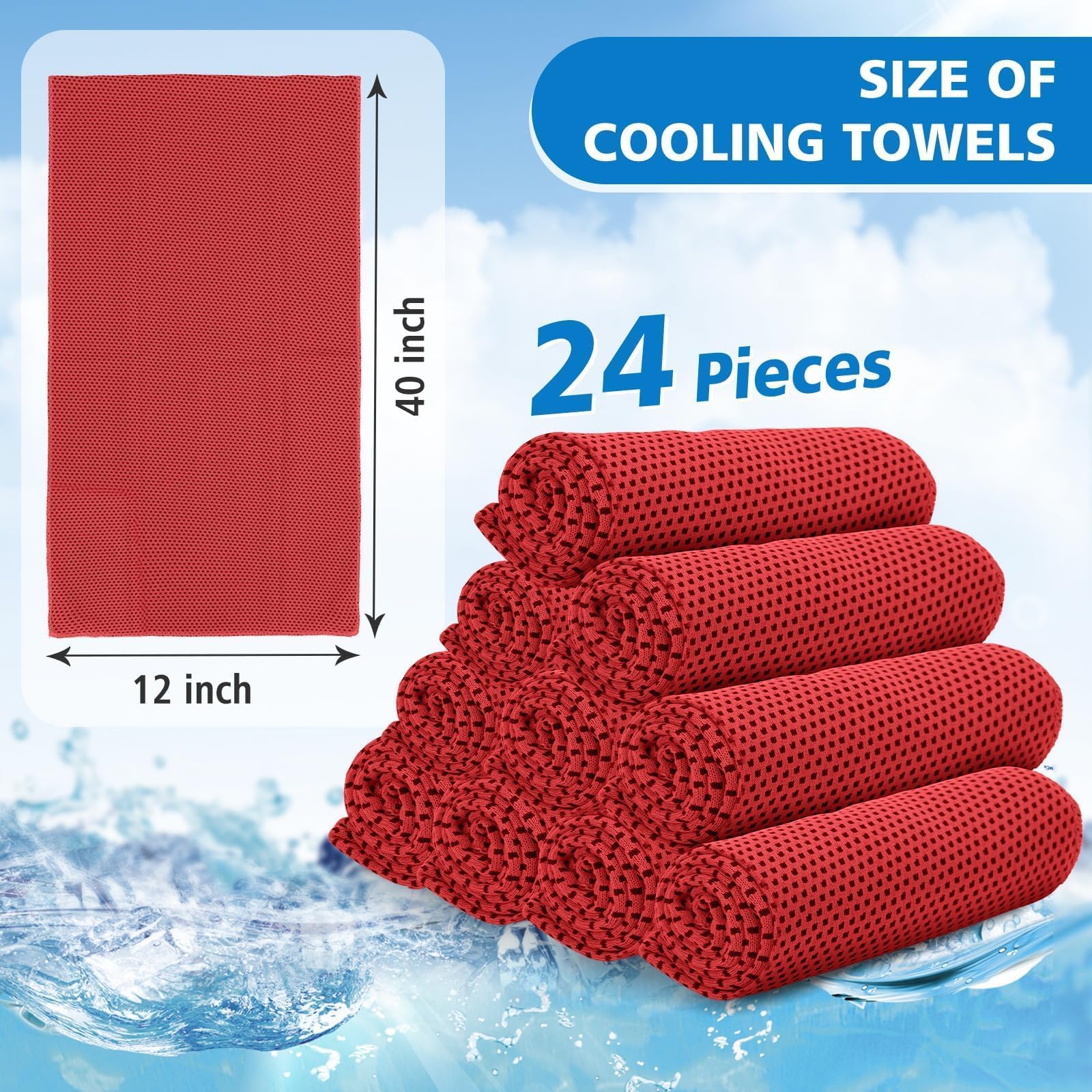 24 Pack Cooling Towels Bulk for Neck and Face 40"x12" Ice Cooling Sweat Rags Microfiber Soft Breathable Soft Chilly Towel for Yoga Golf Sport Running
