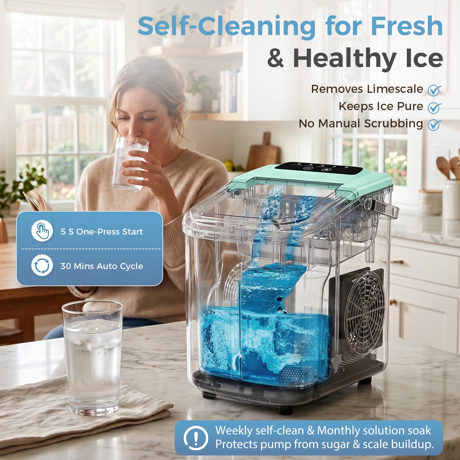 Countertop Ice Maker, Portable Ice Machine with Carry Handle Basket and Scoop, 9 Bullet Cubes Ready in 6 Mins, 26lbs Daily, Self-Cleaning for Home, Kitchen, Camping, RV
