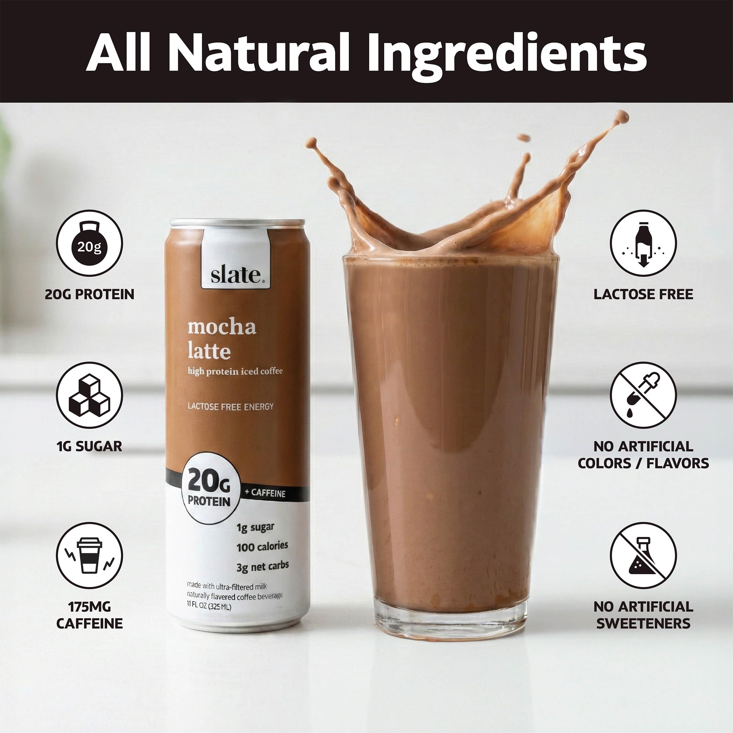 Slate Milk High Protein Milk Shake (Classic Chocolate) 12 Cans, 11 fl oz | Lactose Free - 20g Protein - 1g Sugar - 100 Calories - 2g Net Carbs - No Added Sugar - Natural, Breakfast Boost, Post Workout