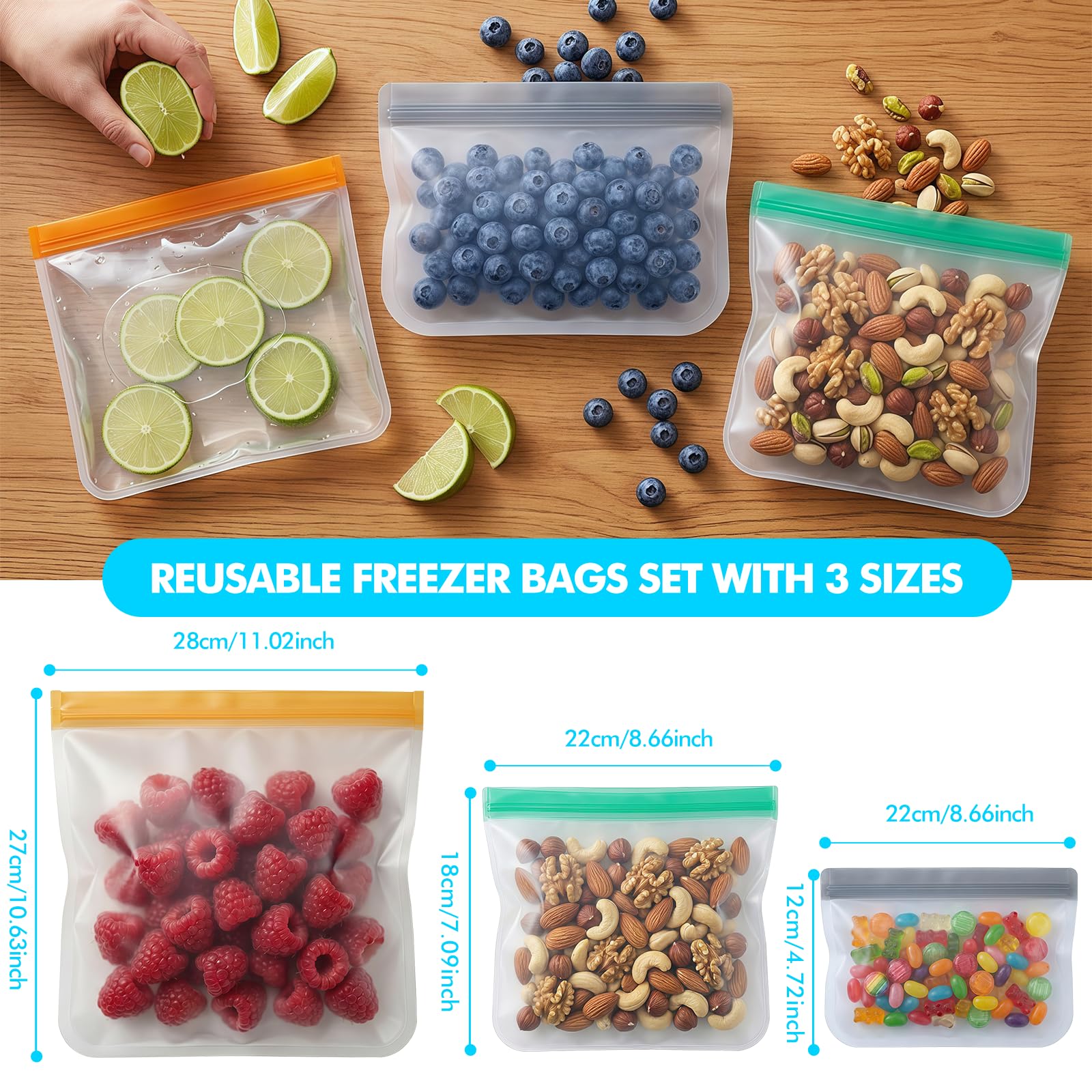 10 Pack Reusable Freezer Bags, Leakproof Reusable Silicone Food Storage Bags BPA Free Contaizers, Snack Sandwich Gallon Bags for Meal Prep, Marinate Meat, Salad Fruit, Veggies, Lunch, Travel, Kitchen