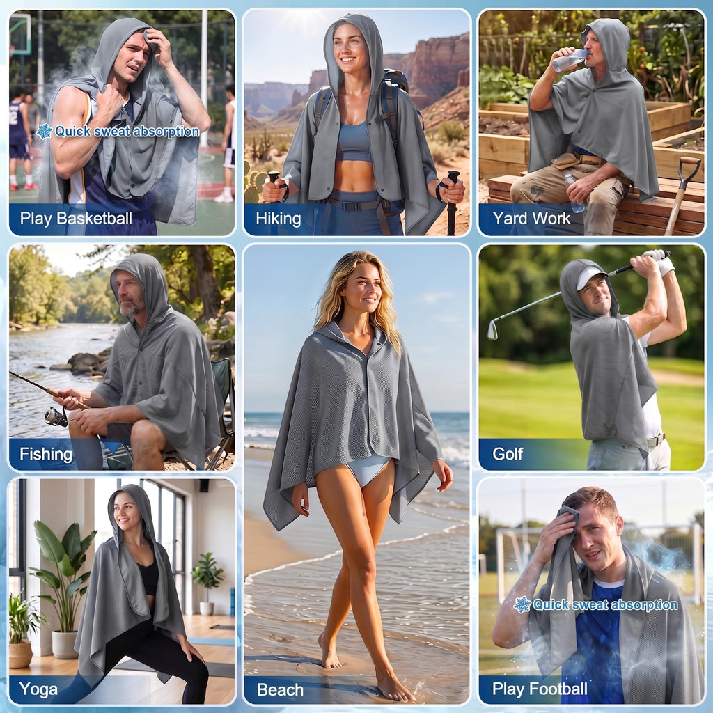 Cooling Hooded Beach Towel Cloak for Men Women -UPF 50+ Sun Proteciton Double Layer PVA Fabric Sweat-Absorbent Cool Towel Cape, Instant Cooling Soft Ice Towelfor Beach Yoga Camping (Blue)