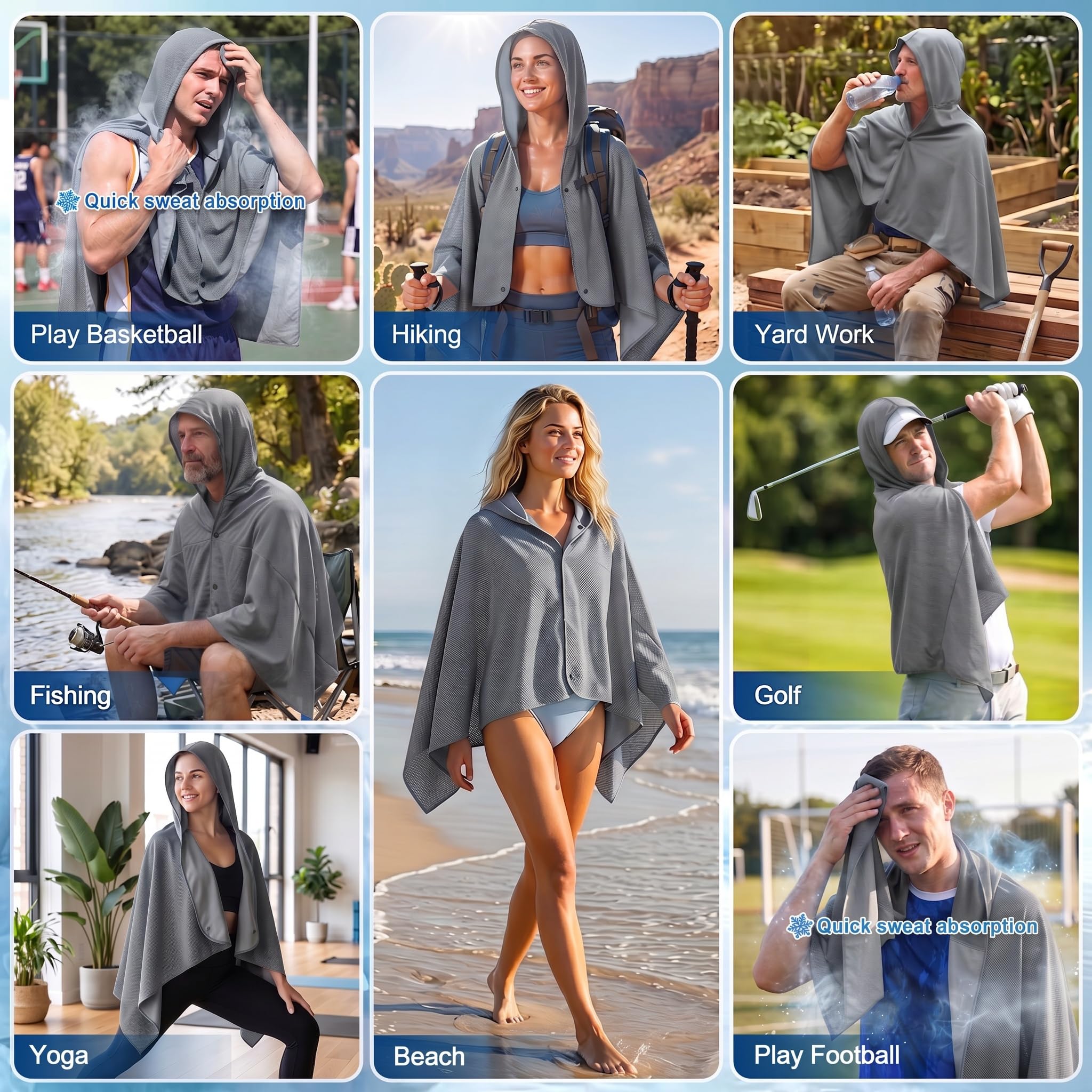 Cooling Hooded Beach Towel Cloak for Men Women -UPF 50+ Sun Proteciton Double Layer PVA Fabric Sweat-Absorbent Cool Towel Cape, Instant Cooling Soft Ice Towelfor Beach Yoga Camping (Blue)