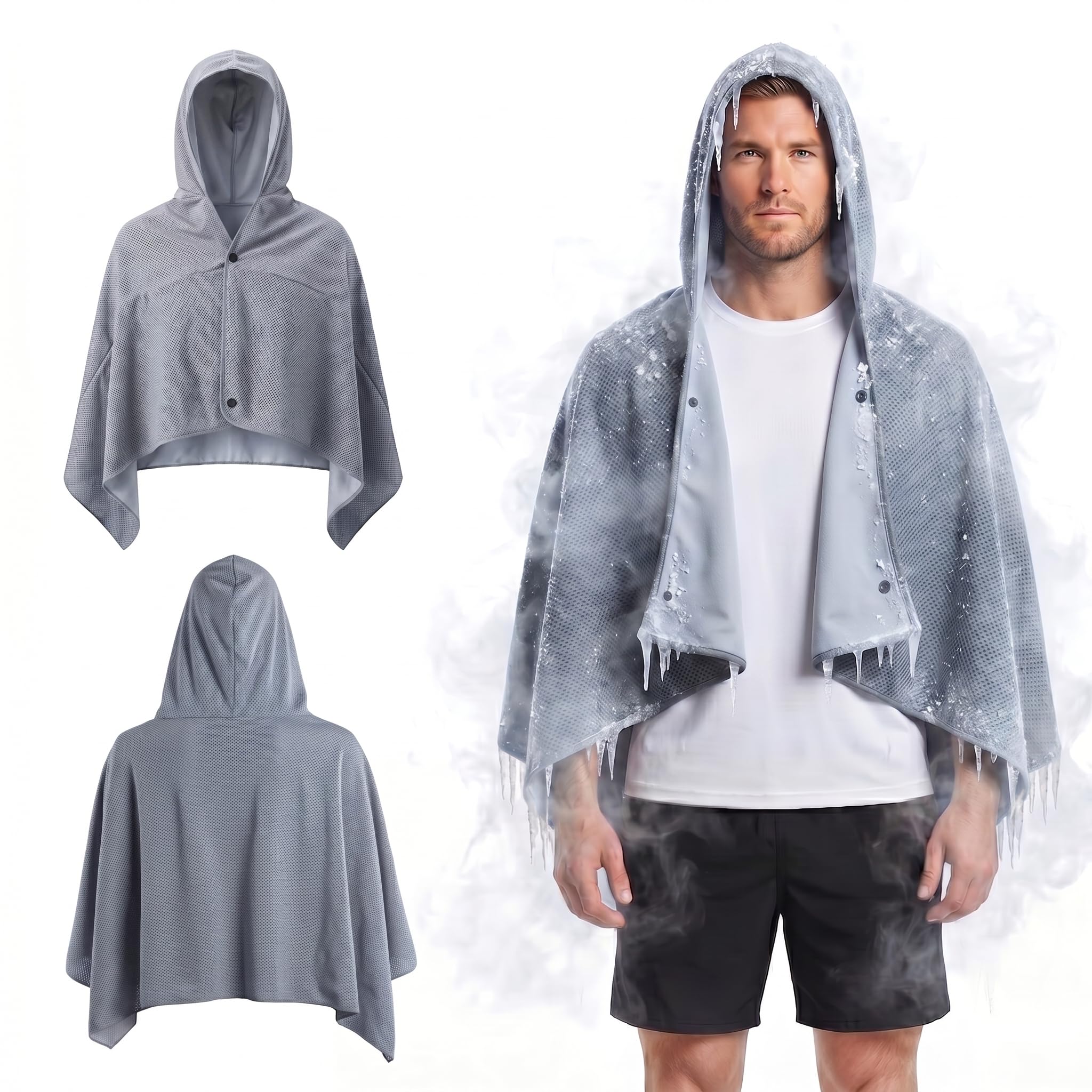 Cooling Hooded Beach Towel Cloak for Men Women -UPF 50+ Sun Proteciton Double Layer PVA Fabric Sweat-Absorbent Cool Towel Cape, Instant Cooling Soft Ice Towelfor Beach Yoga Camping (Blue)