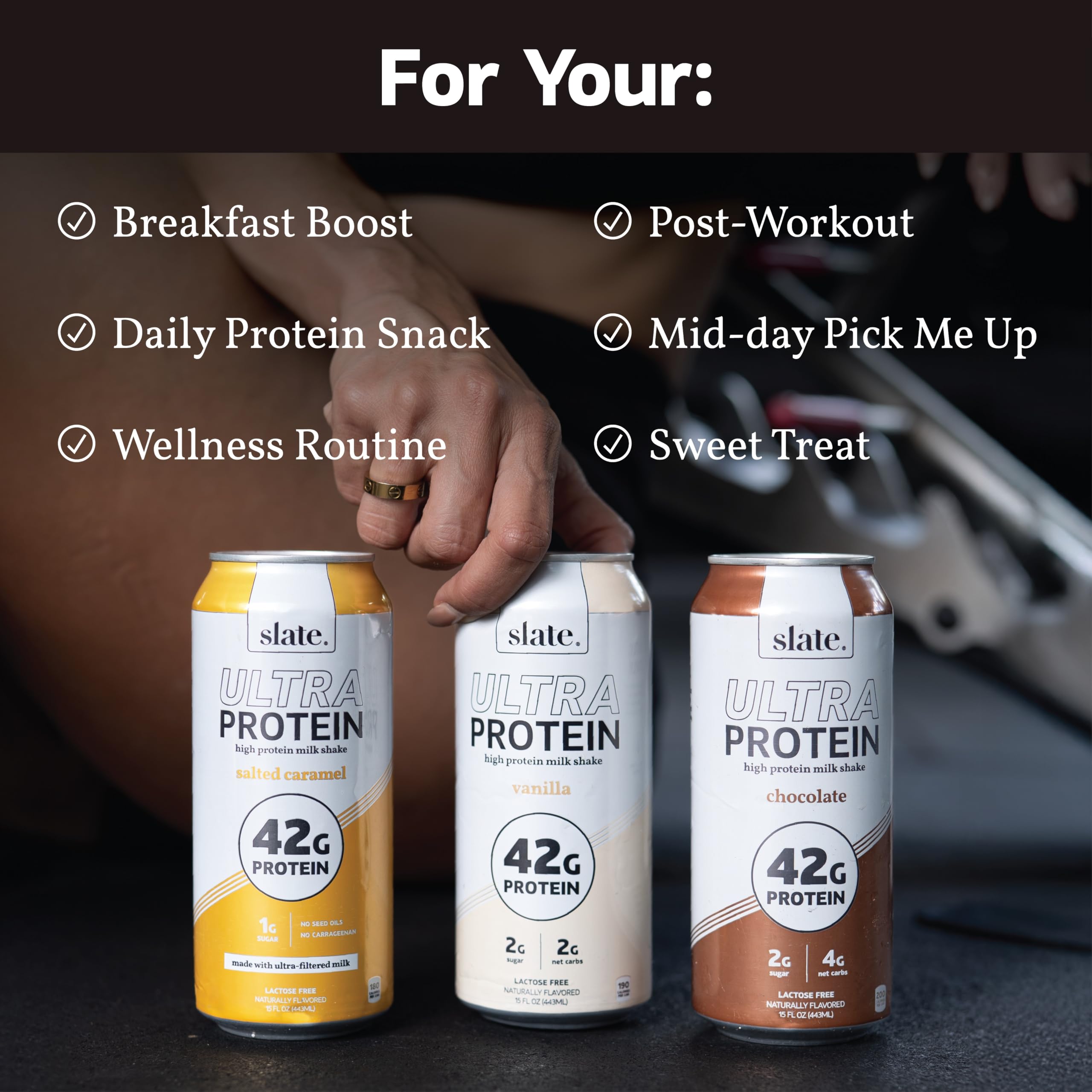 Slate Milk - Ultra Protein Shake - Vanilla - 42g Protein, 1g Sugar, 180 Calories, 1g Net Carbs - Lactose Free, No Added Sugar - Made with Ultra Filtered Milk - Breakfast Boost, Post Workout - 15 fl oz, 12 Cans