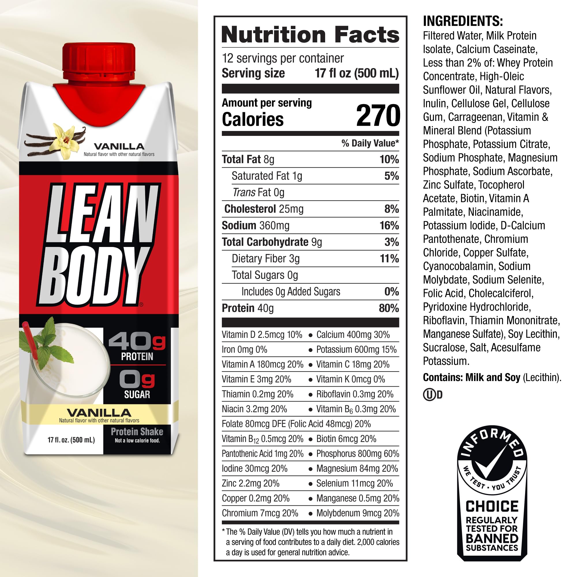 Labrada Lean Body Ready-to-Drink Chocolate Protein Shake, 40g Protein, Whey Blend, 0 Sugar, Gluten Free, 22 Vitamins & Minerals, LABRADA, 17 Fl Oz (Pack of 12)