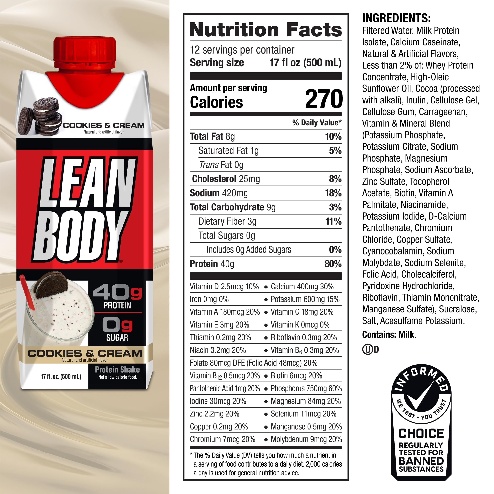 Labrada Lean Body Ready-to-Drink Chocolate Protein Shake, 40g Protein, Whey Blend, 0 Sugar, Gluten Free, 22 Vitamins & Minerals, LABRADA, 17 Fl Oz (Pack of 12)