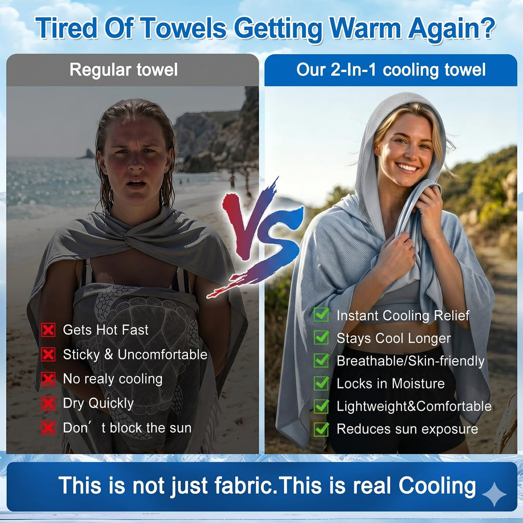 Upgrade Large Hoodie Cooling Towels - Double Layer Ice Beach Towel Wearable Shawl, Sun Proection Long-Lasting Heat Relief Cool for Yoga,Yard work Camping Beach & Summer Activities (Blue, 55*25inch)