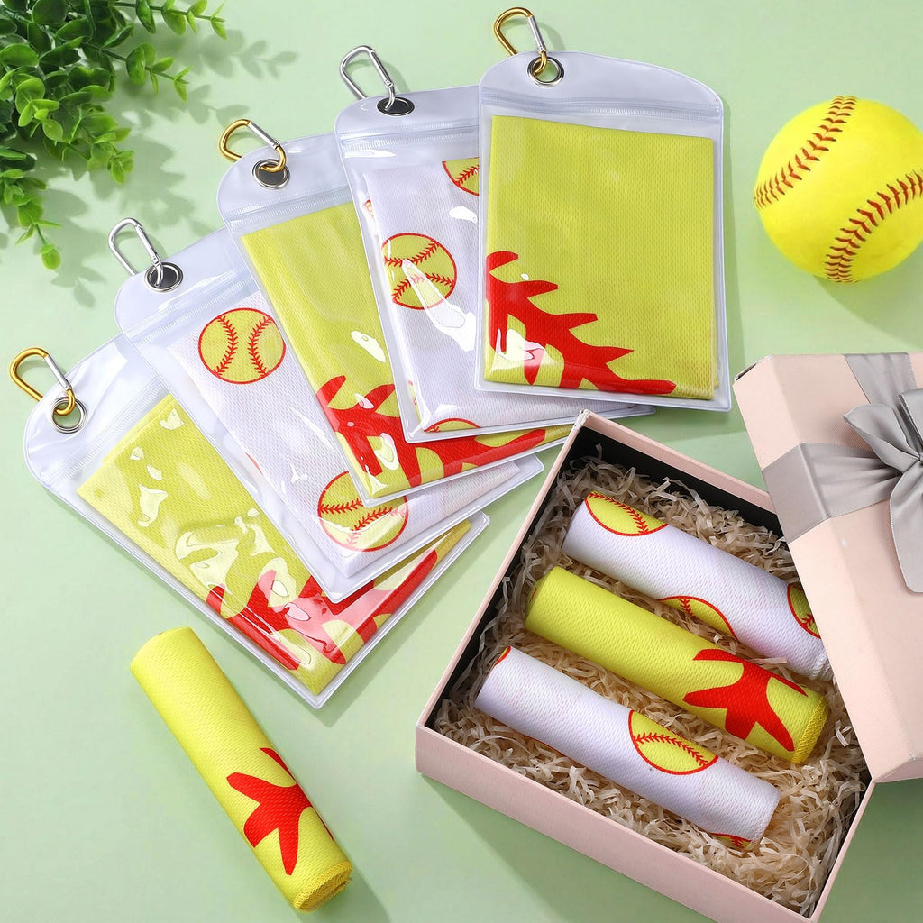 Mindsoft 12 Set Softball Cooling Towels for Sports Team Gifts with Carrying Pouch 30 x 9 Inch Softball Towels Bulk Microfiber Ice Cooling Rags for Birthday Party Favors Swag Bag Stuffers
