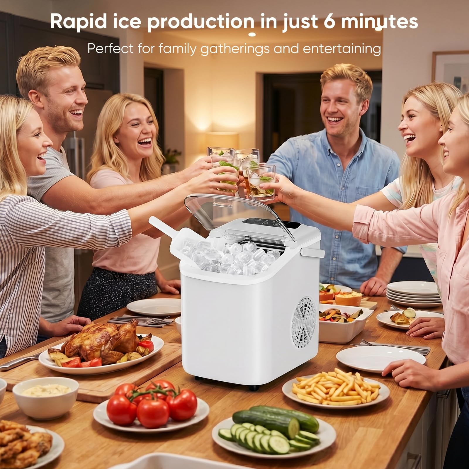 DUMOS Ice Maker Countertop, Ice Machine with Portable Handle, Basket and Scoop, 26lbs Daily, 9 Bullet Cubes in 6-8 Mins, Auto-Cleaning for Home, Kitchen, Office, Outdoors, RV Camping