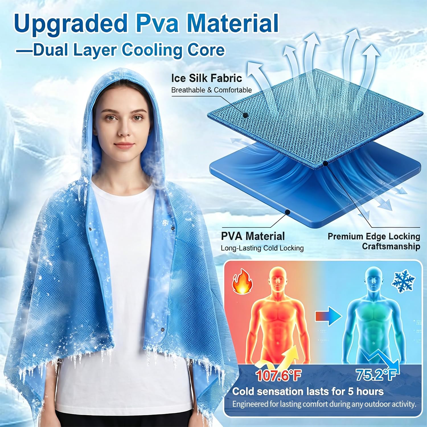 Cooling Hooded Beach Towel Cloak for Men Women -UPF 50+ Sun Proteciton Double Layer PVA Fabric Sweat-Absorbent Cool Towel Cape, Instant Cooling Soft Ice Towelfor Beach Yoga Camping (Blue)